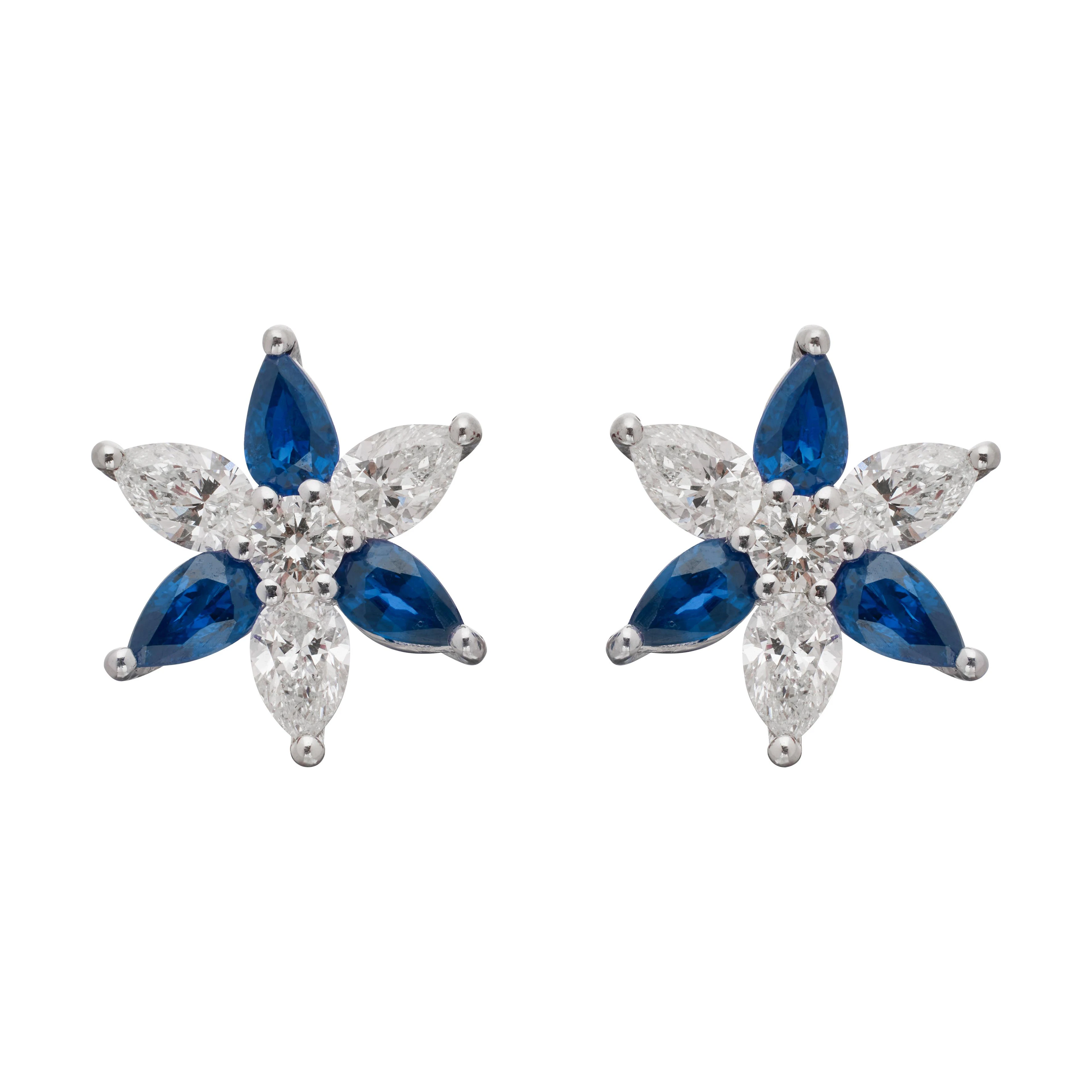Platinum, Sapphire and Diamond Floral Stud Earrings