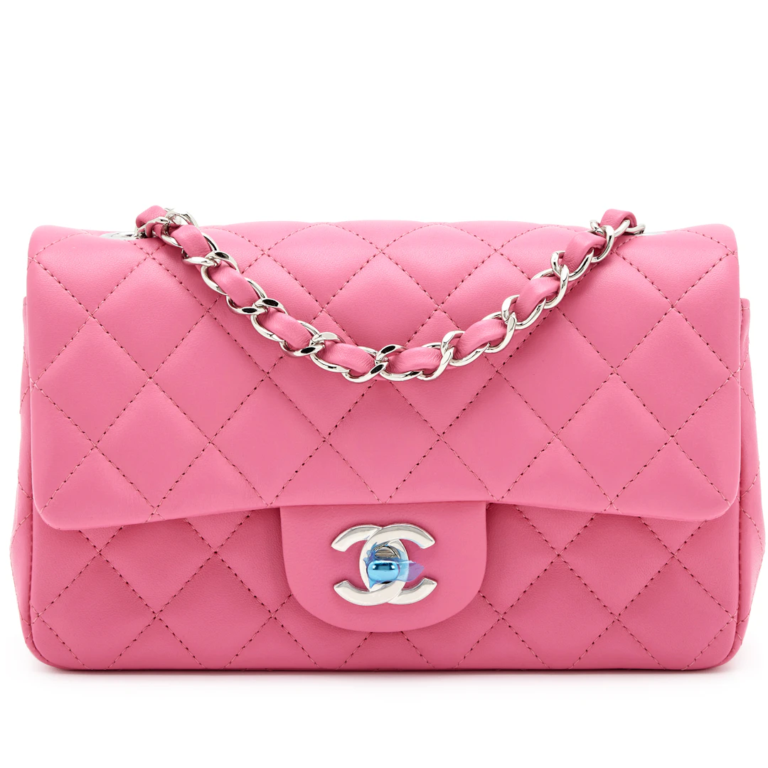 Pink Quilted Lambskin Mini Rectangular Classic Single Flap Silver