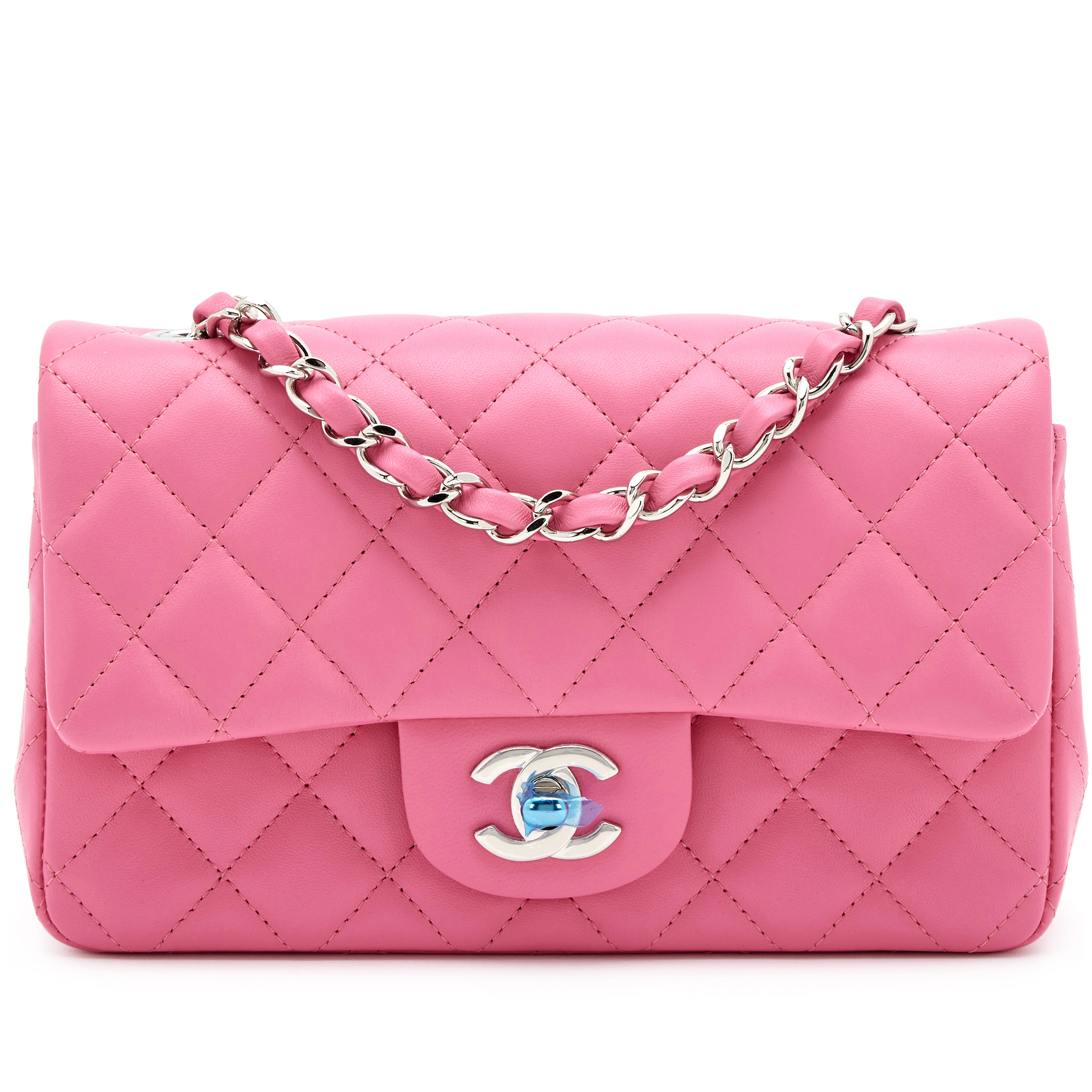 Pink Quilted Lambskin Mini Rectangular Classic Single Flap Silver