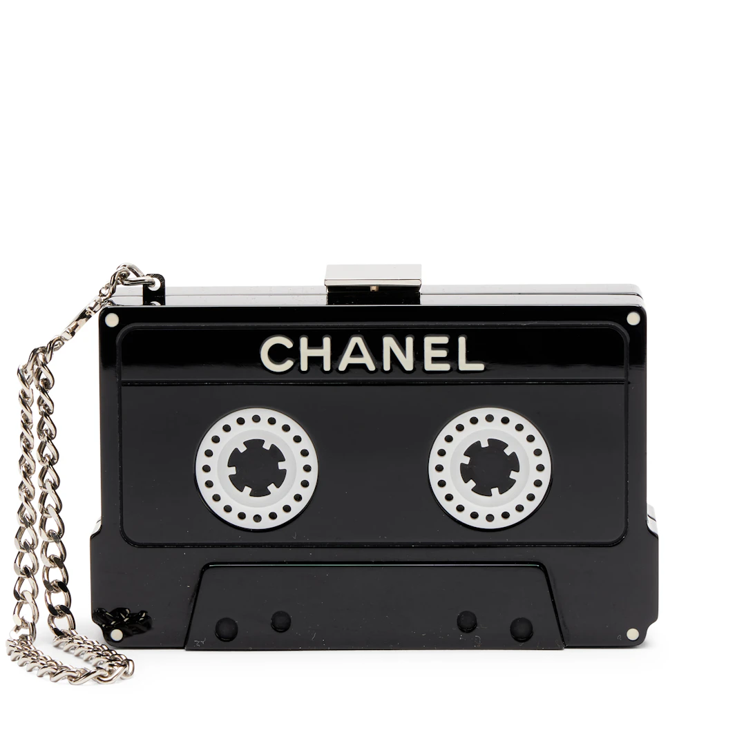 Black and White Lucite Cassette Tape Minaudière Clutch Silver Hardware, 2004