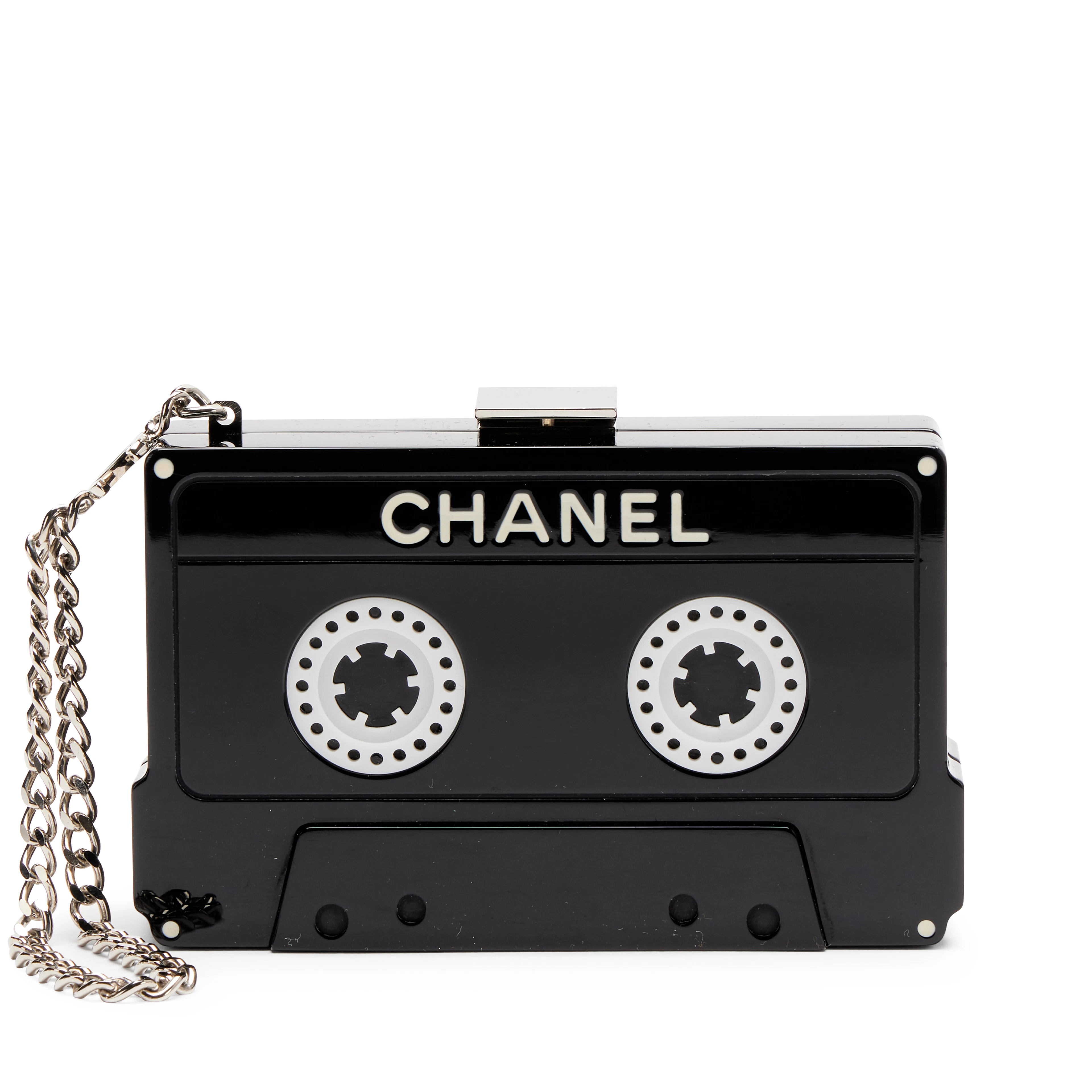 Black and White Lucite Cassette Tape Minaudière Clutch Silver Hardware, 2004