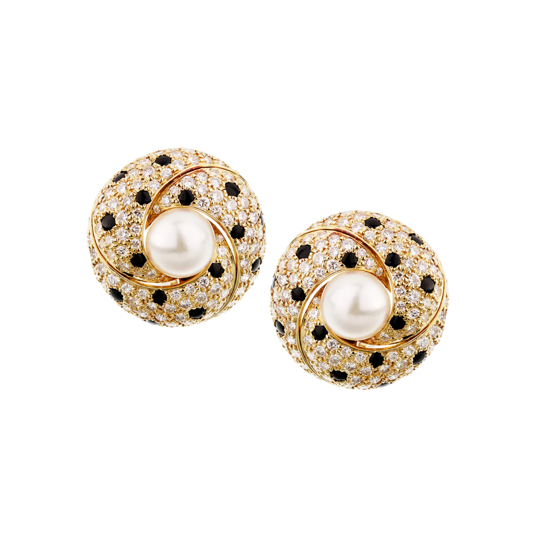 Gold, Cultured Pearl, Diamond and Onyx Panthère Earclips