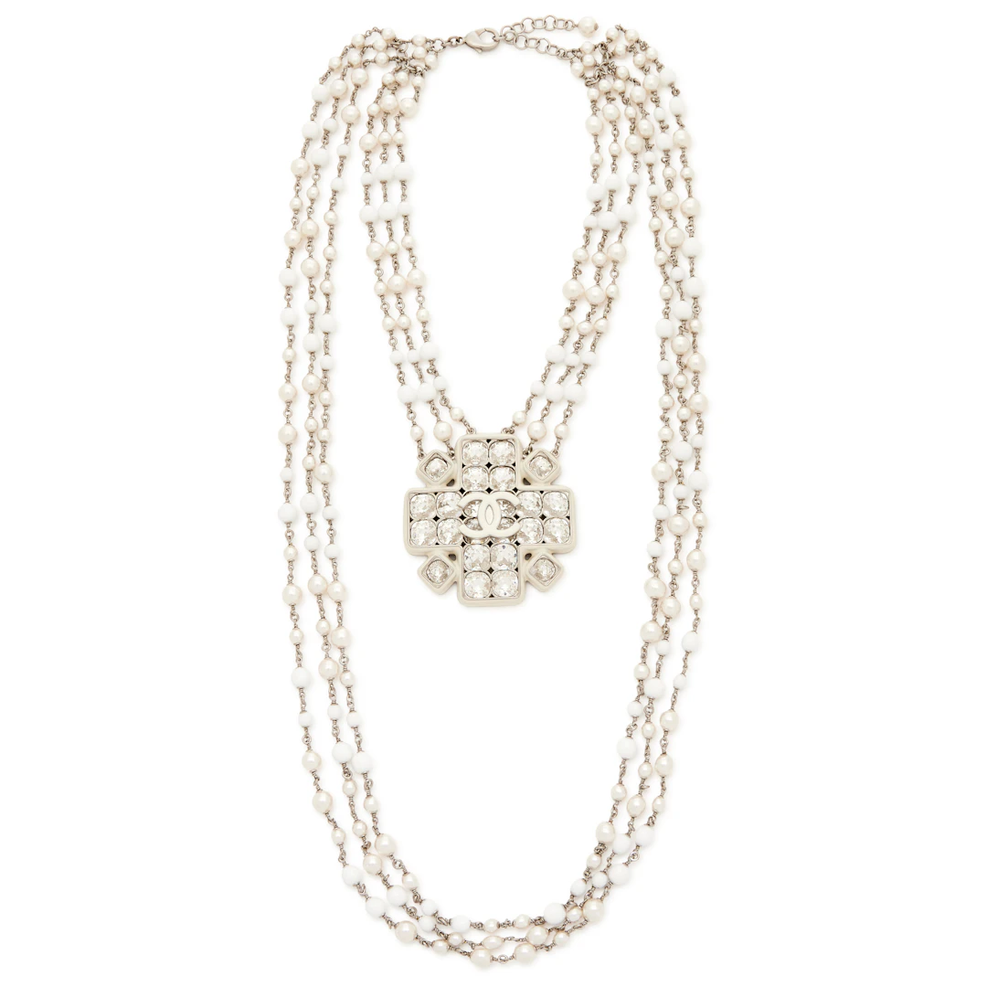 Silver Metal, Imitation Pearl, White Resin, and Crystal CC Long Necklace, 2019