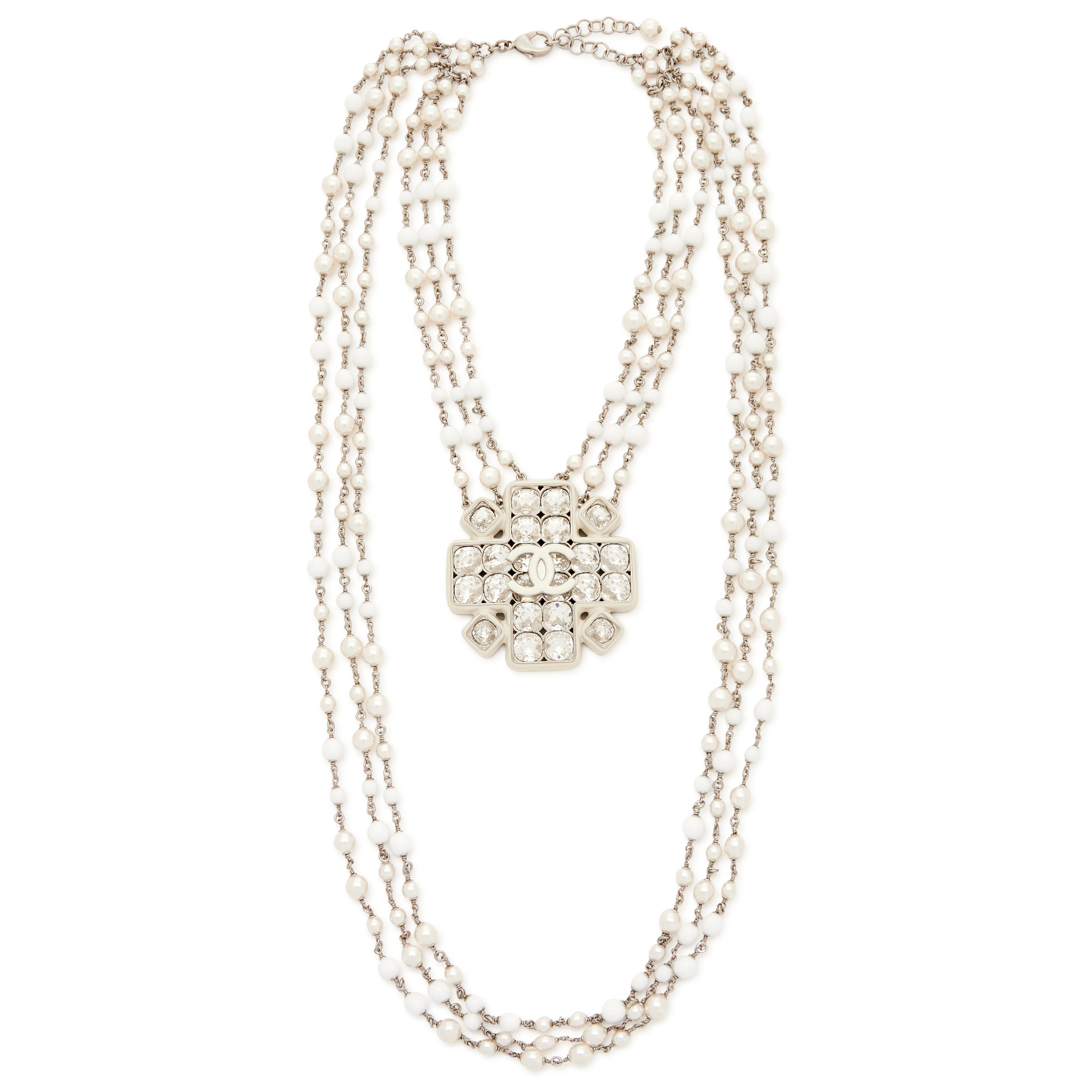 Silver Metal, Imitation Pearl, White Resin, and Crystal CC Long Necklace, 2019