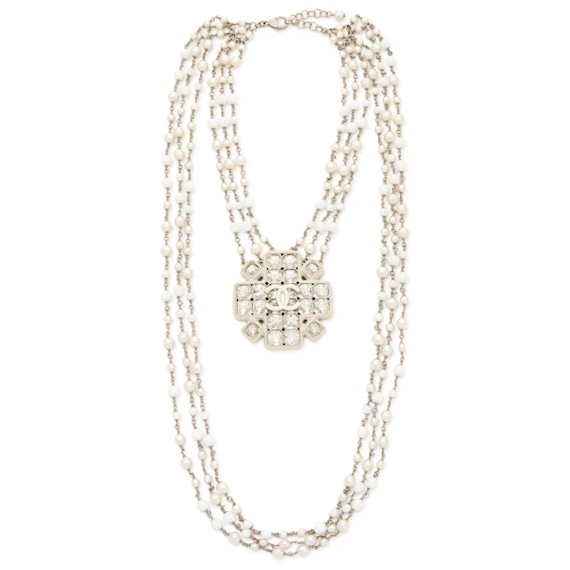 Silver Metal, Imitation Pearl, White Resin, and Crystal CC Long Necklace, 2019