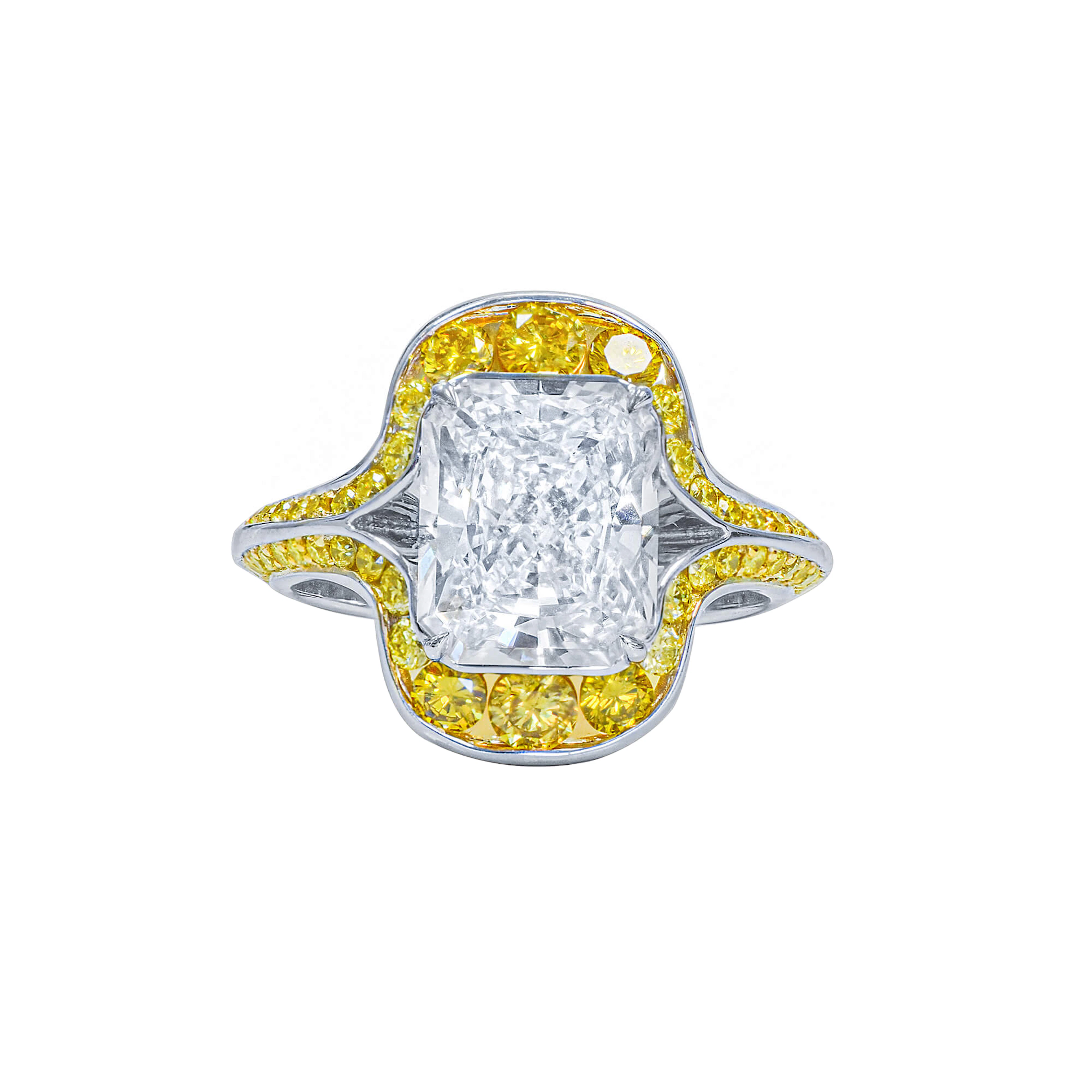 White Gold, 4.05ct Radiant Cut Diamond and Yellow Diamond Ring