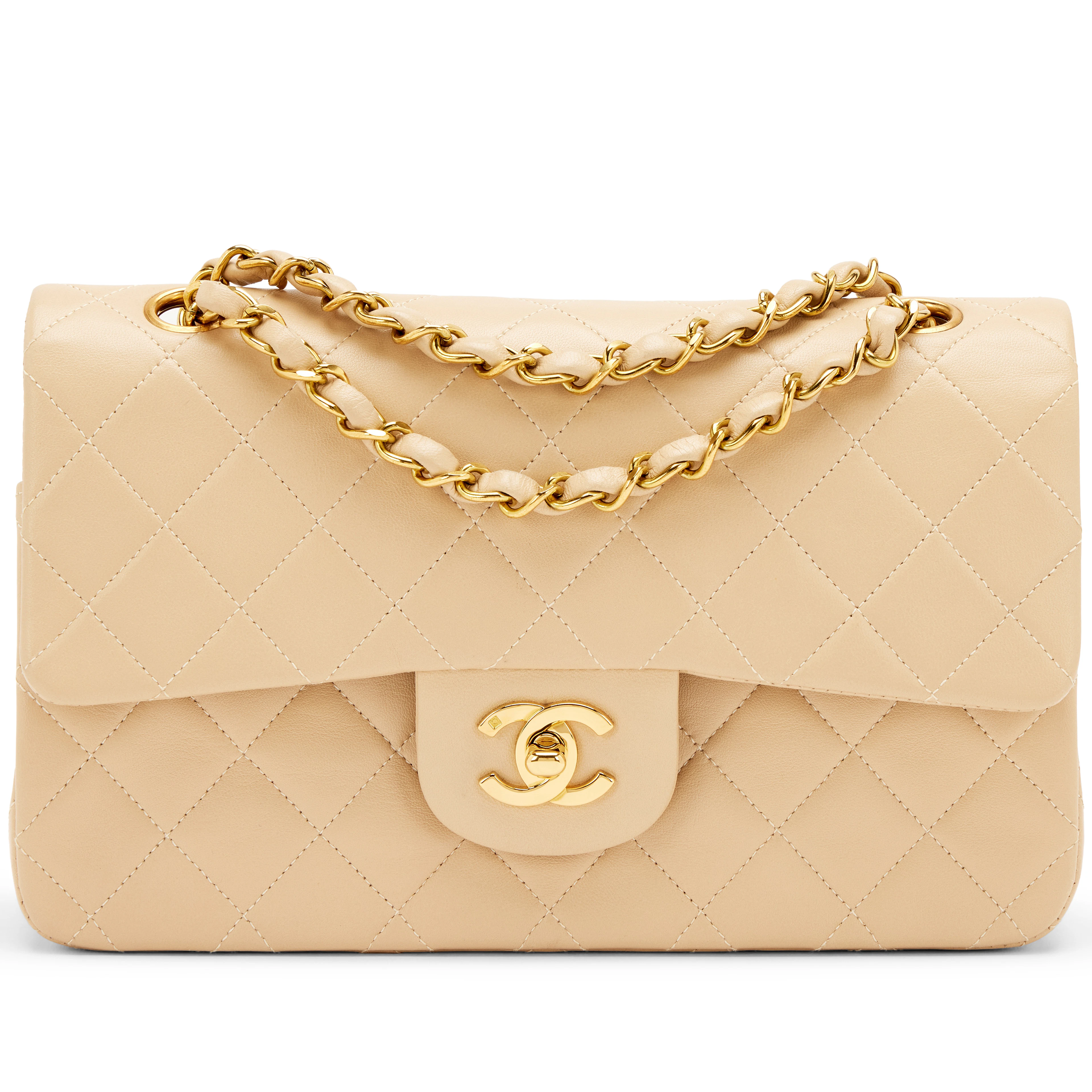 Light Beige Quilted Lambskin Small Classic Double Flap Bag Gold Hardware
