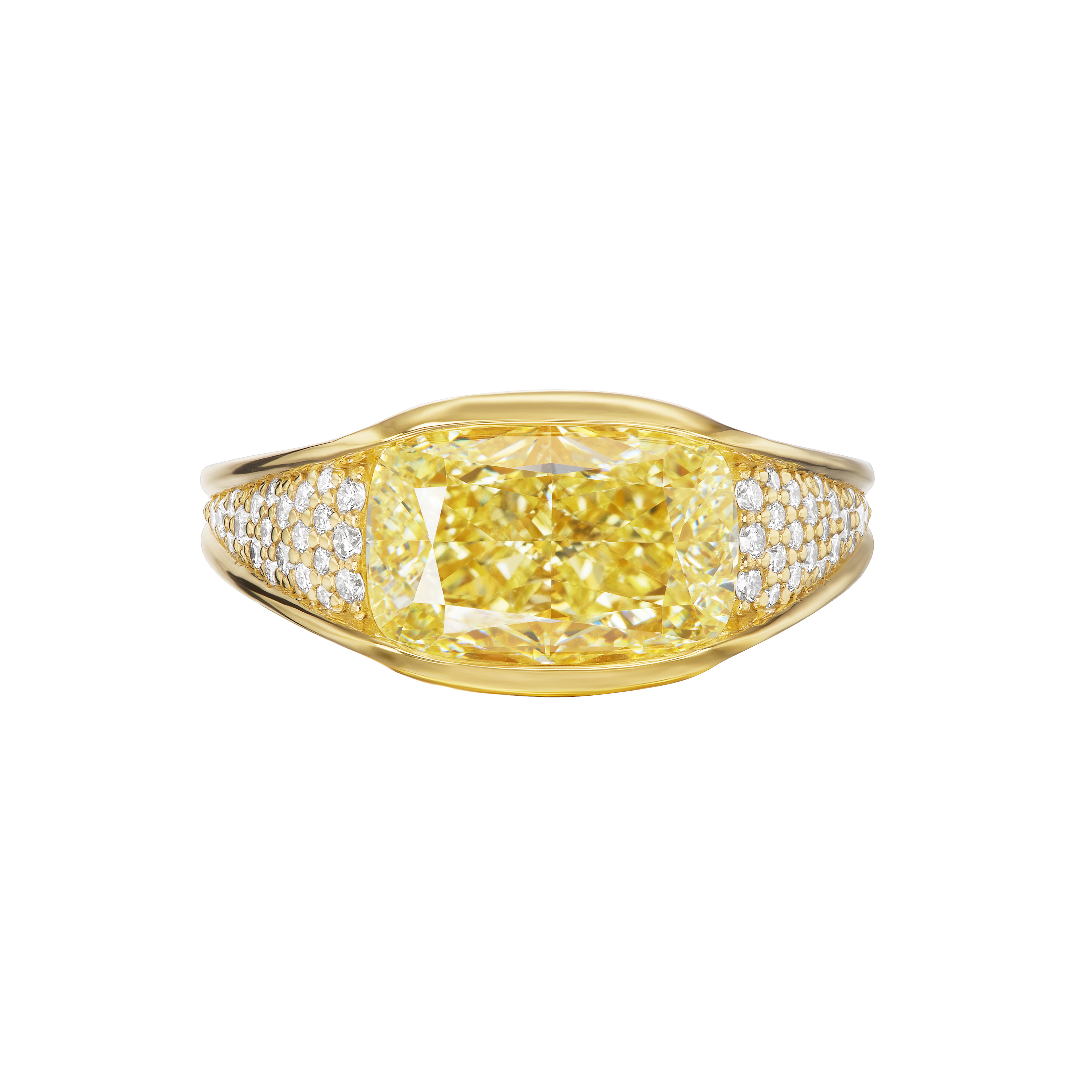 Gold, 4.11ct Cushion Cut Fancy Yellow Diamond and Diamond Ring