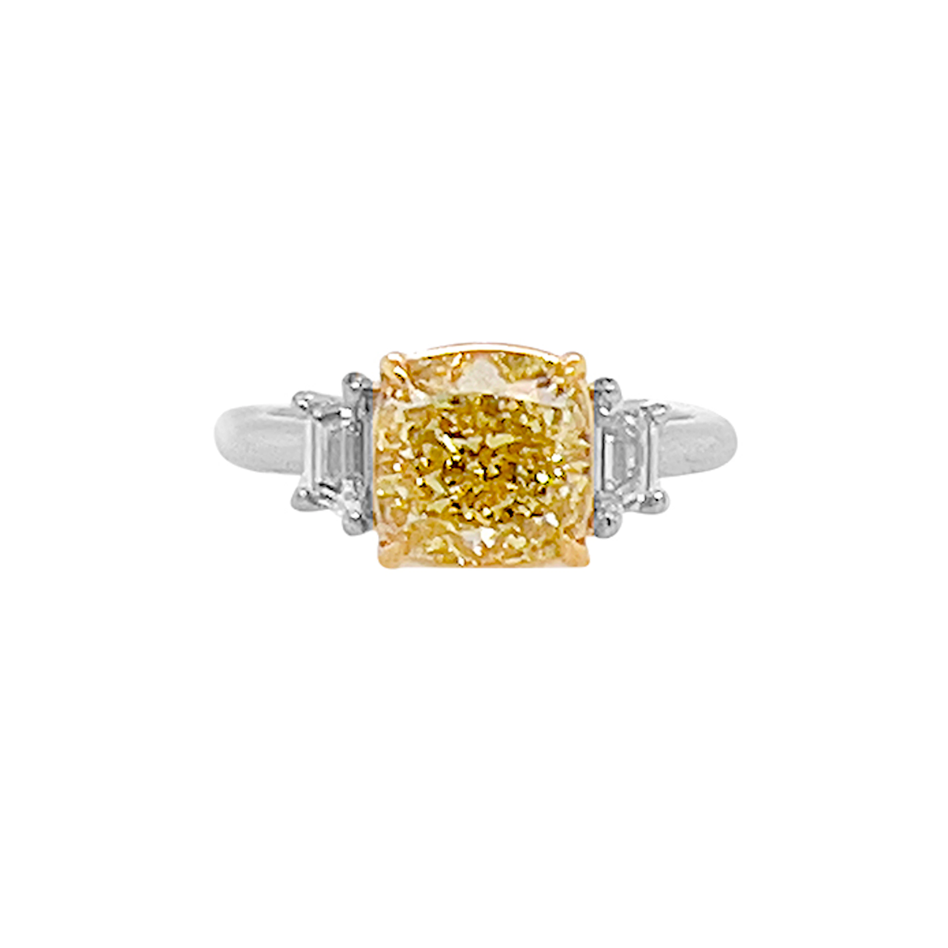 Platinum, Gold, 3.12ct Cushion Cut Fancy Yellow Diamond and Diamond