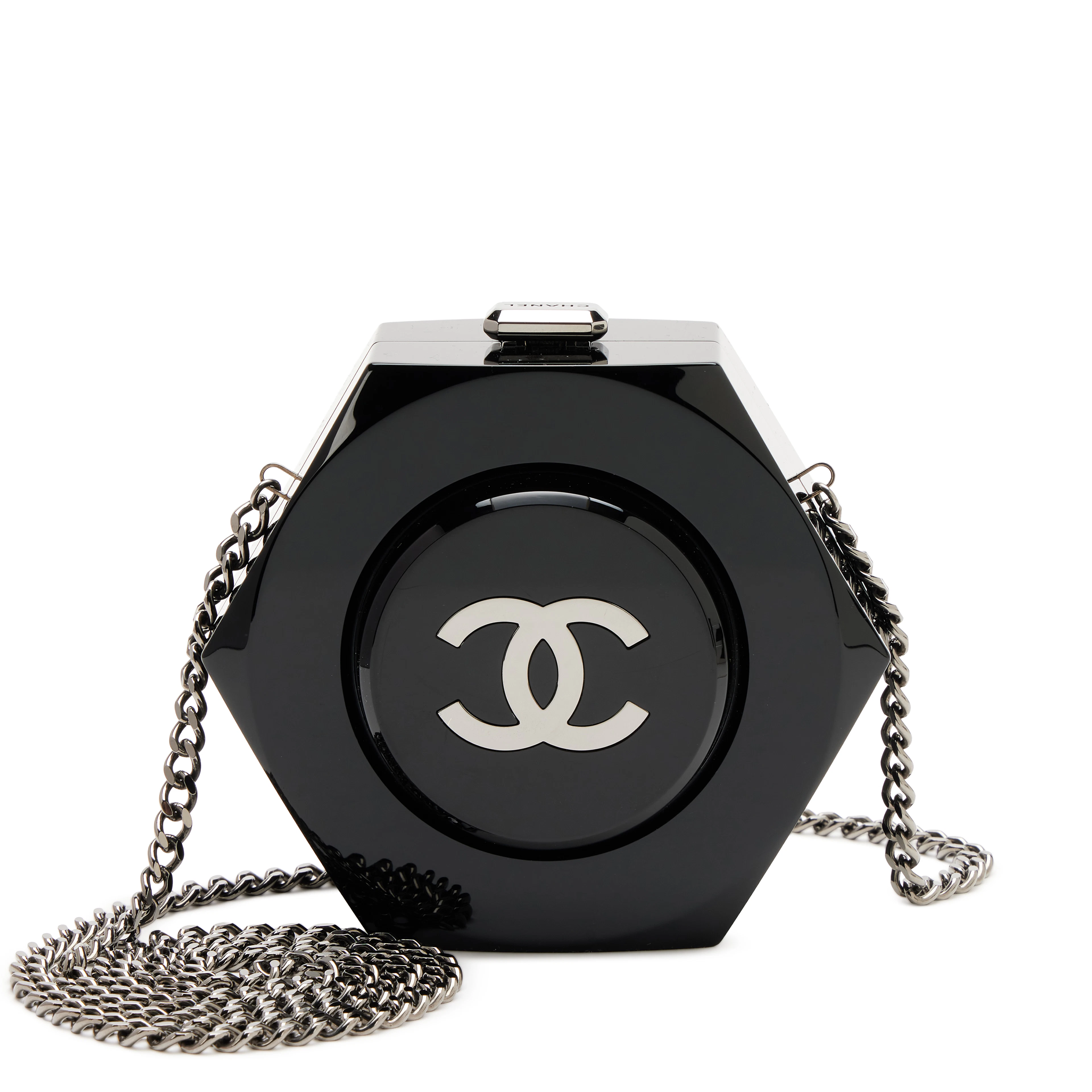 Black Plexiglass Octagon CC Minaudière Clutch Ruthenium Hardware, 2018
