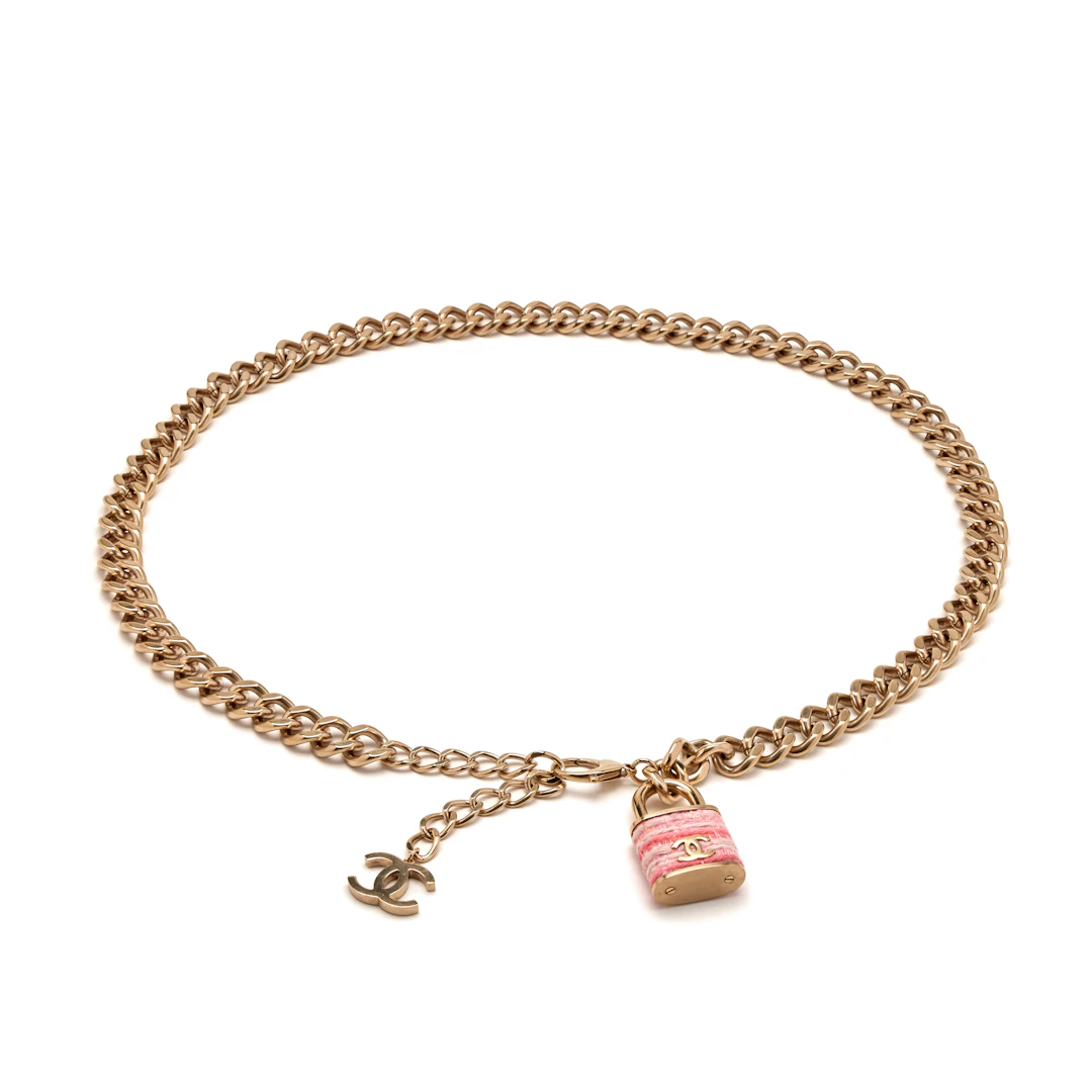 Pale Brushed Gold Metal, Pink Tweed CC Padlock Supermarket Chain Belt, 2014