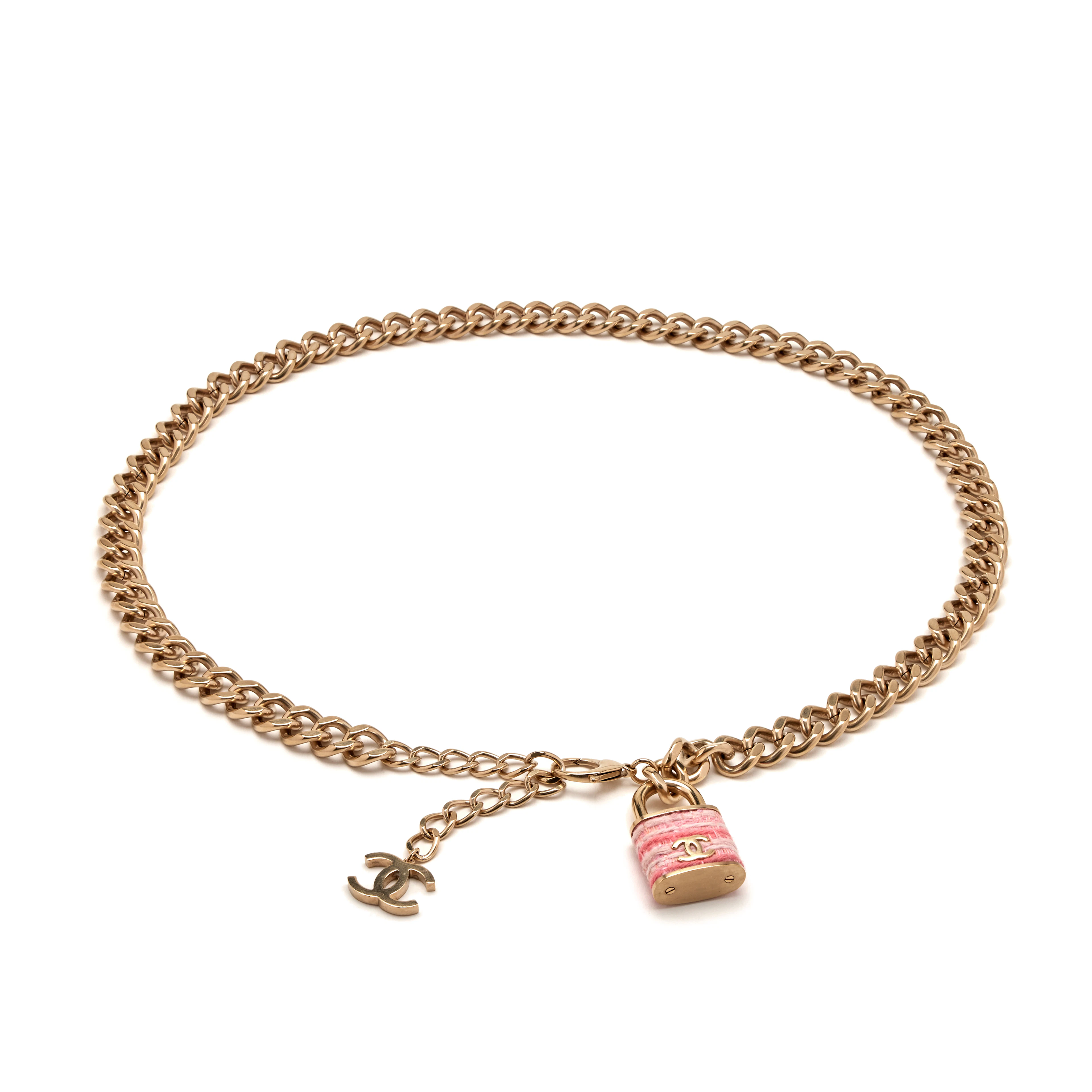 Pale Brushed Gold Metal, Pink Tweed CC Padlock Supermarket Chain Belt, 2014
