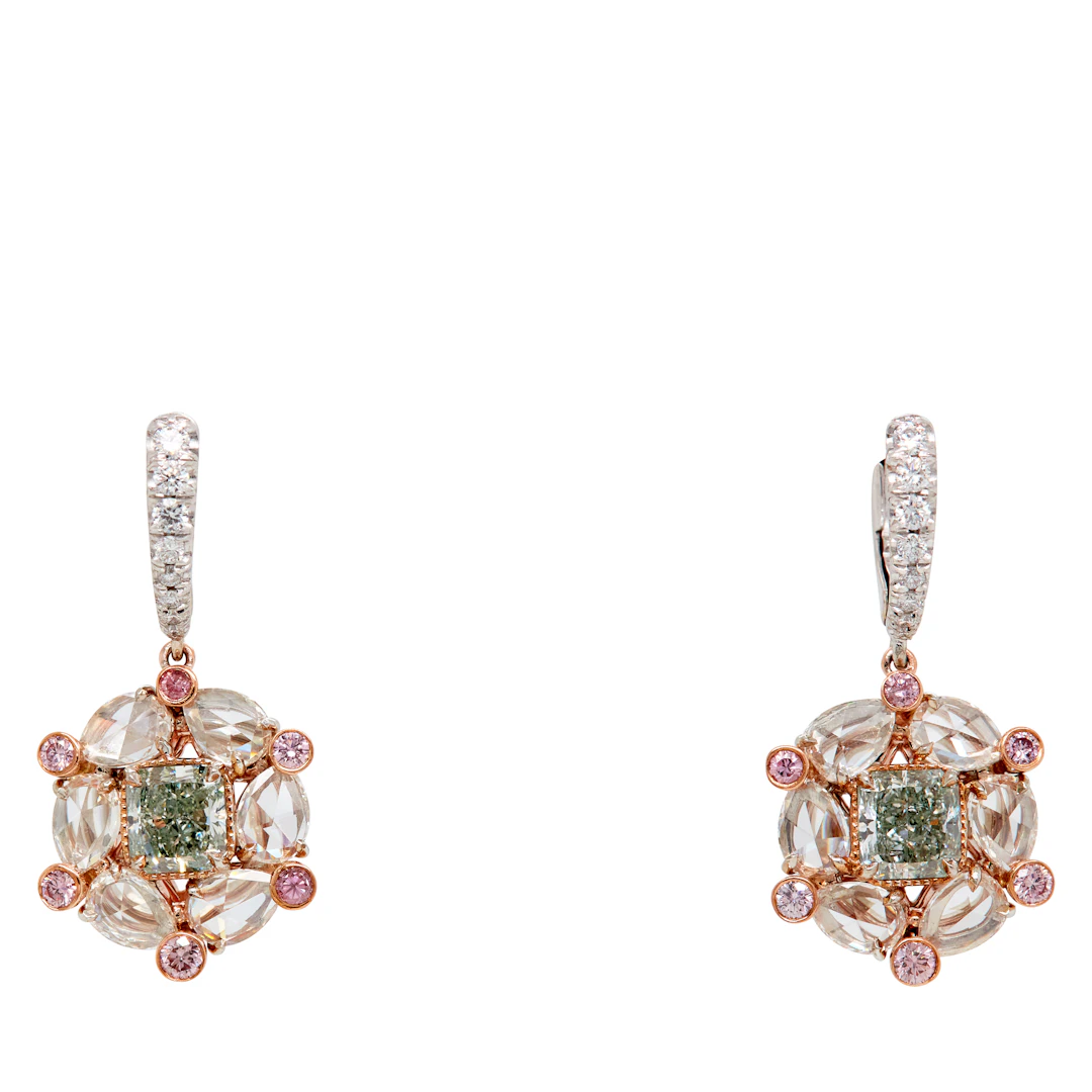 White Gold, Fancy Green Diamond, Pink Diamond and Diamond Drop Earrings