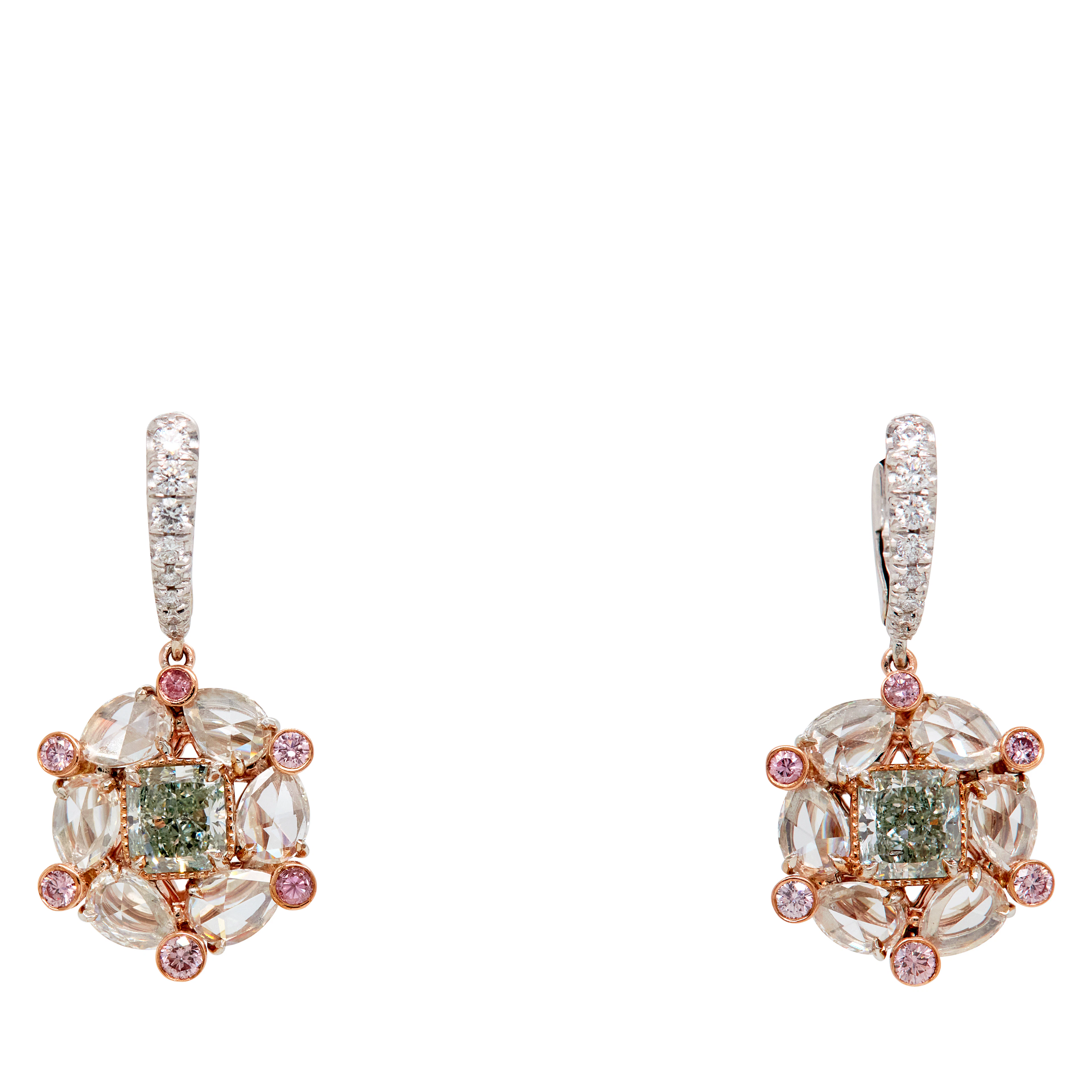 White Gold, Fancy Green Diamond, Pink Diamond and Diamond Drop Earrings