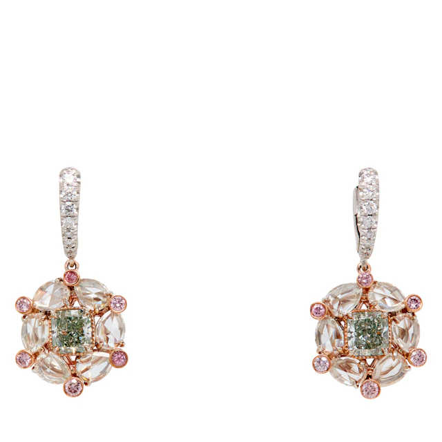 White Gold, Fancy Green Diamond, Pink Diamond and Diamond Drop Earrings