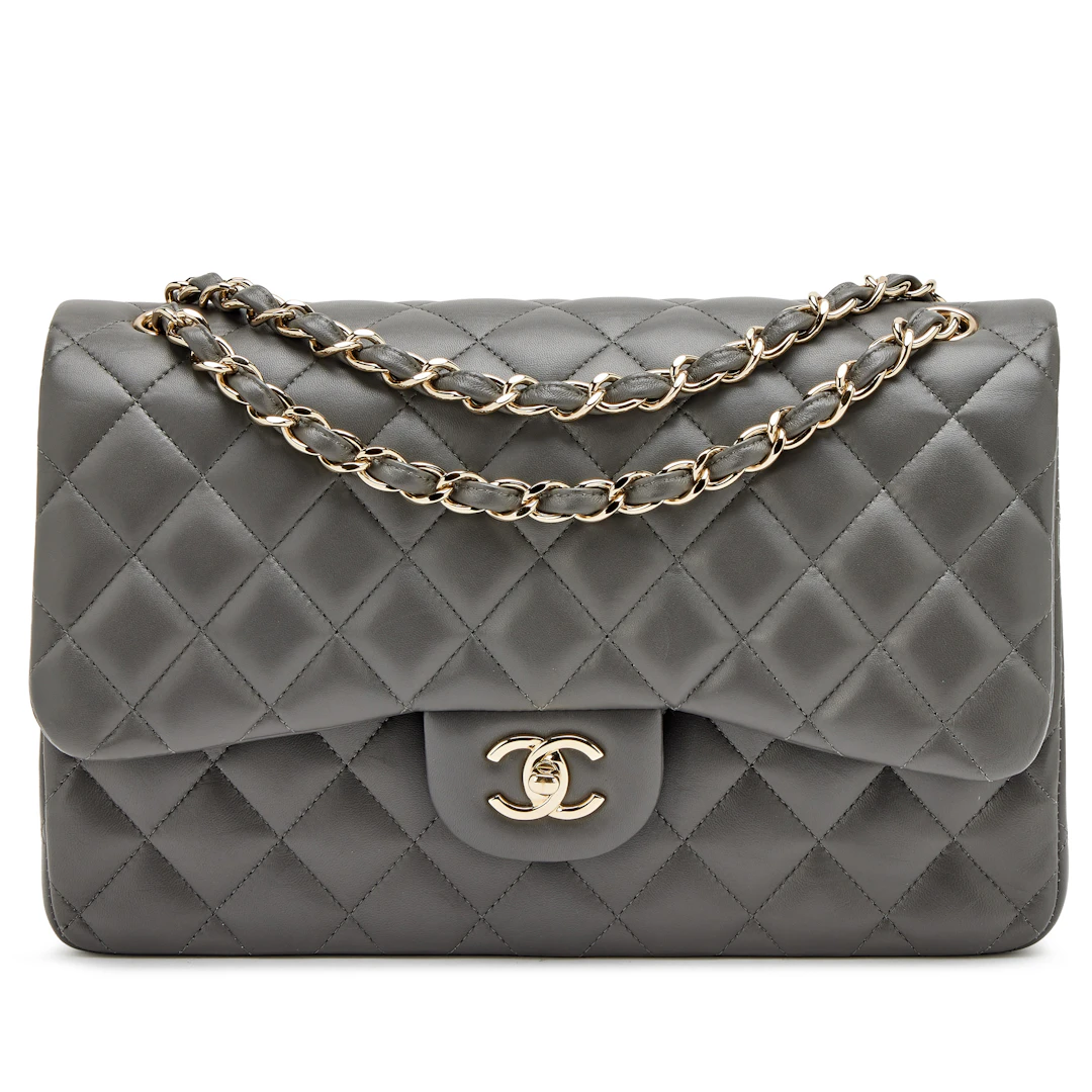 Gris Grey Quilted Lambskin Jumbo Classic Double Flap Bag Light Gold