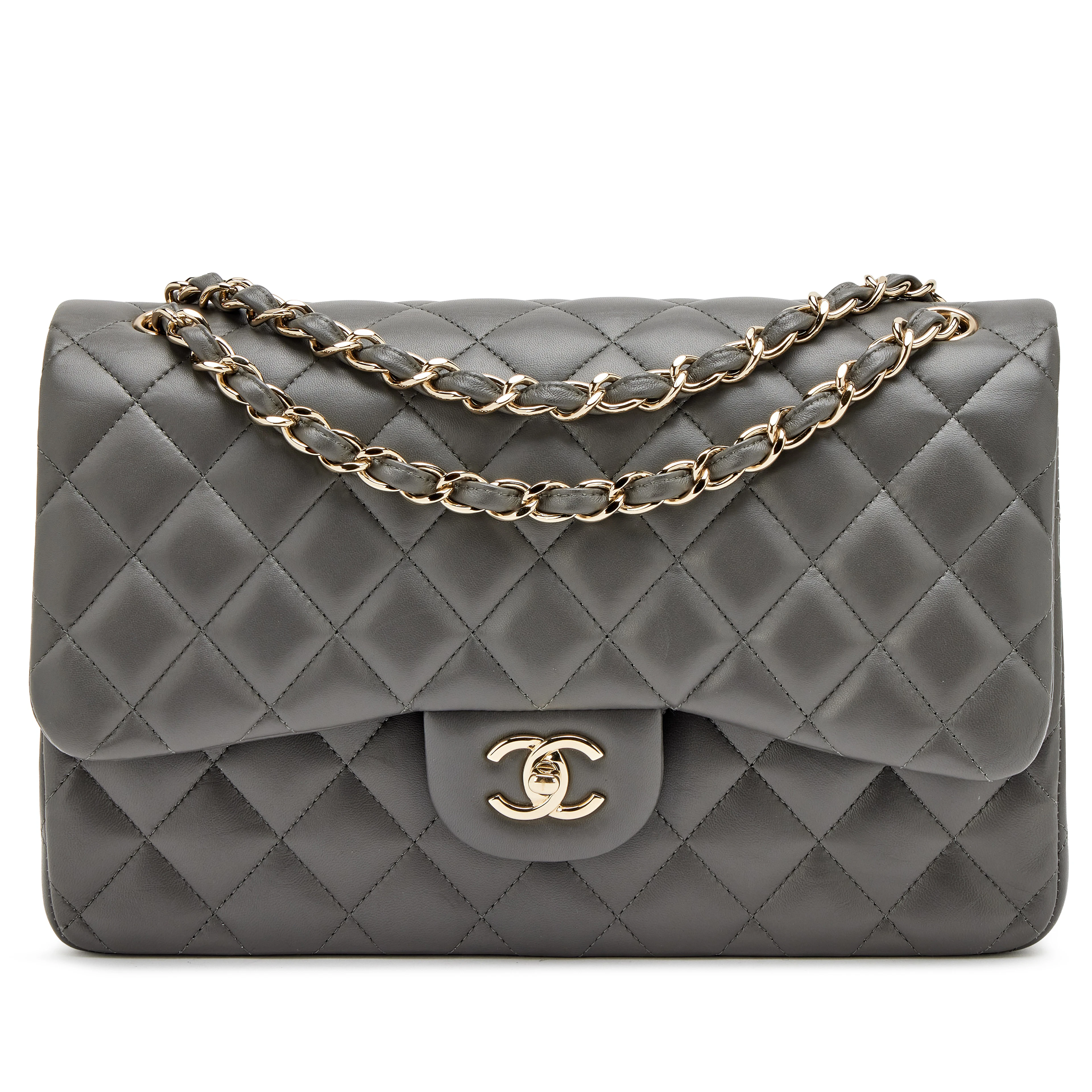 Gris Grey Quilted Lambskin Jumbo Classic Double Flap Bag Light Gold