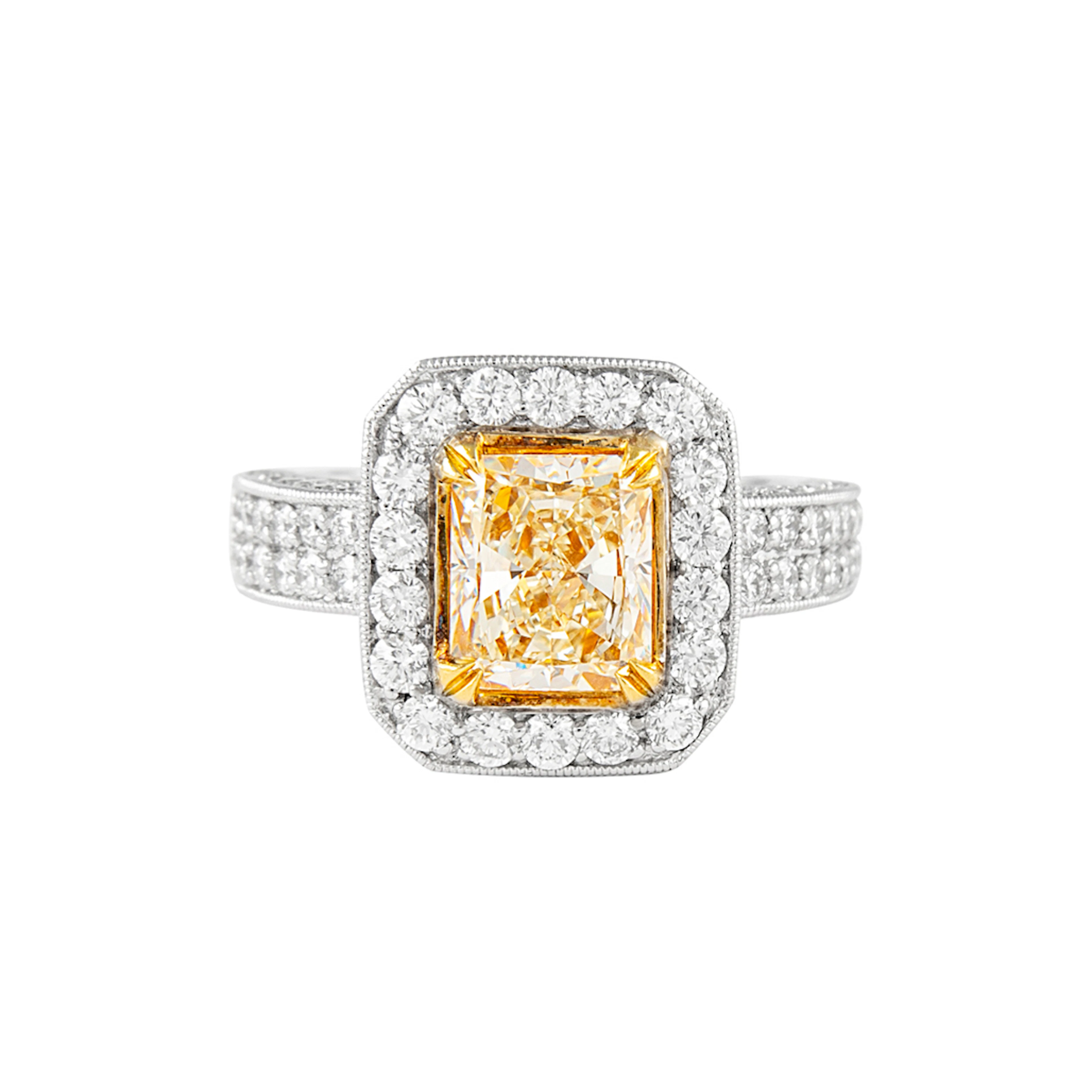 White Gold, Gold, 2.08ct Fancy Yellow Radiant Cut Diamond and Diamond