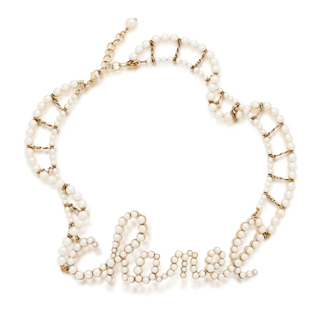 Gold Metal, Imitation Pearl Swirling Logo Letter Necklace, 2019