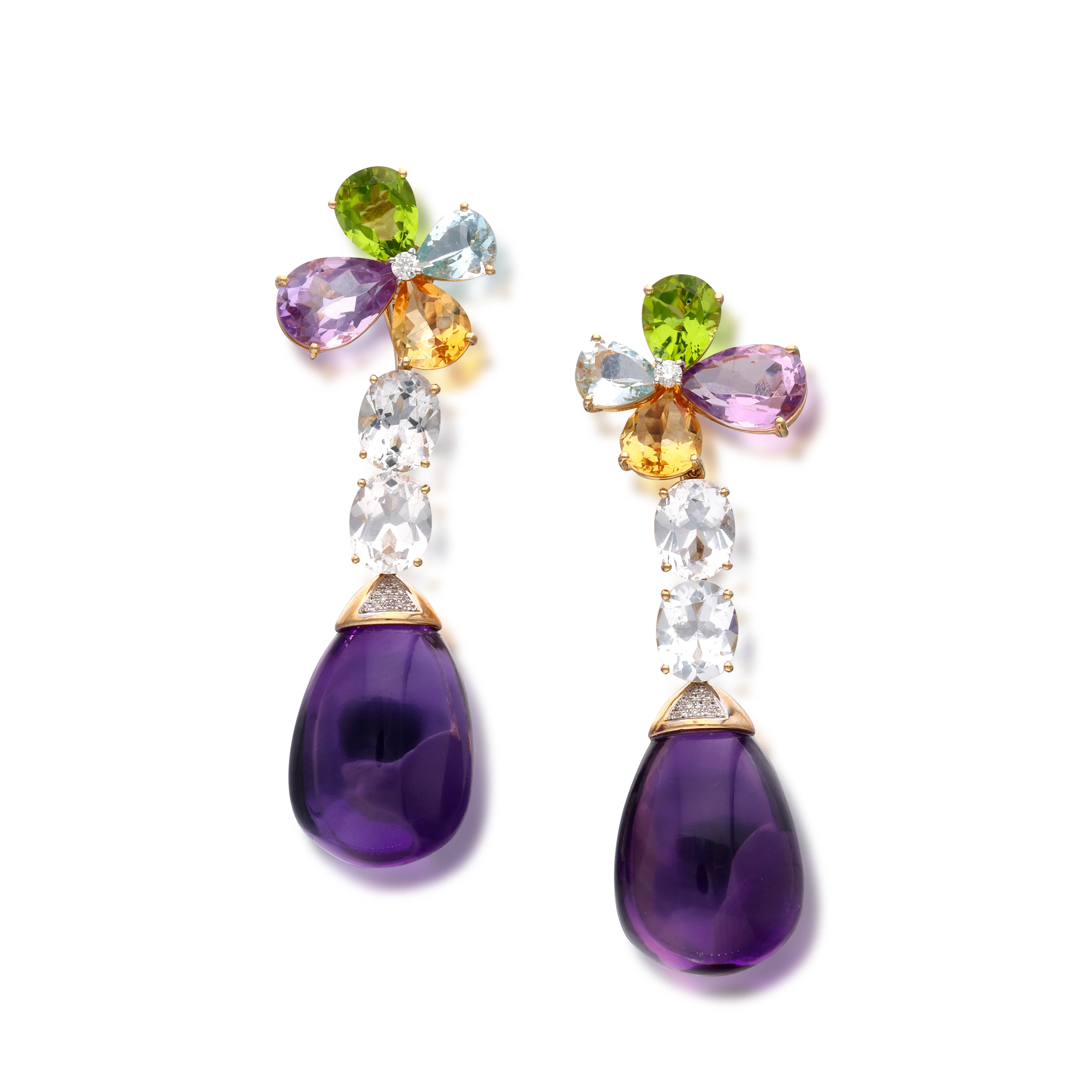 Gold, Multigem and Diamond Floral Earclips