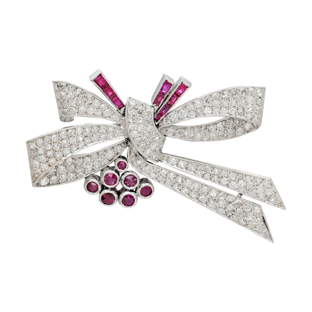 Vintage Platinum, Ruby and Diamond Bow Brooch