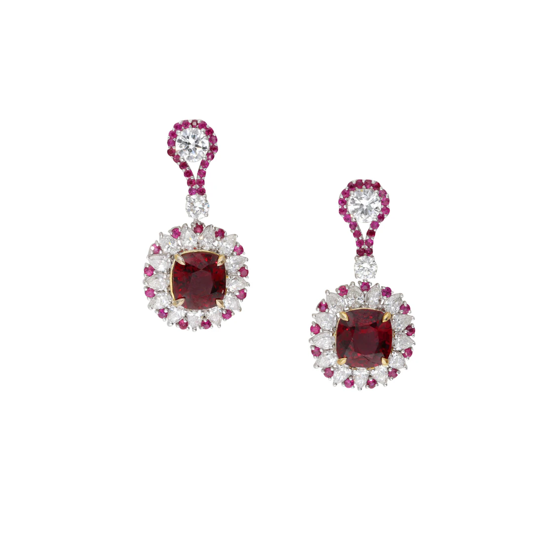 White Gold, 4.07ctw Burmese Spinel, Ruby and Diamond Drop Earrings