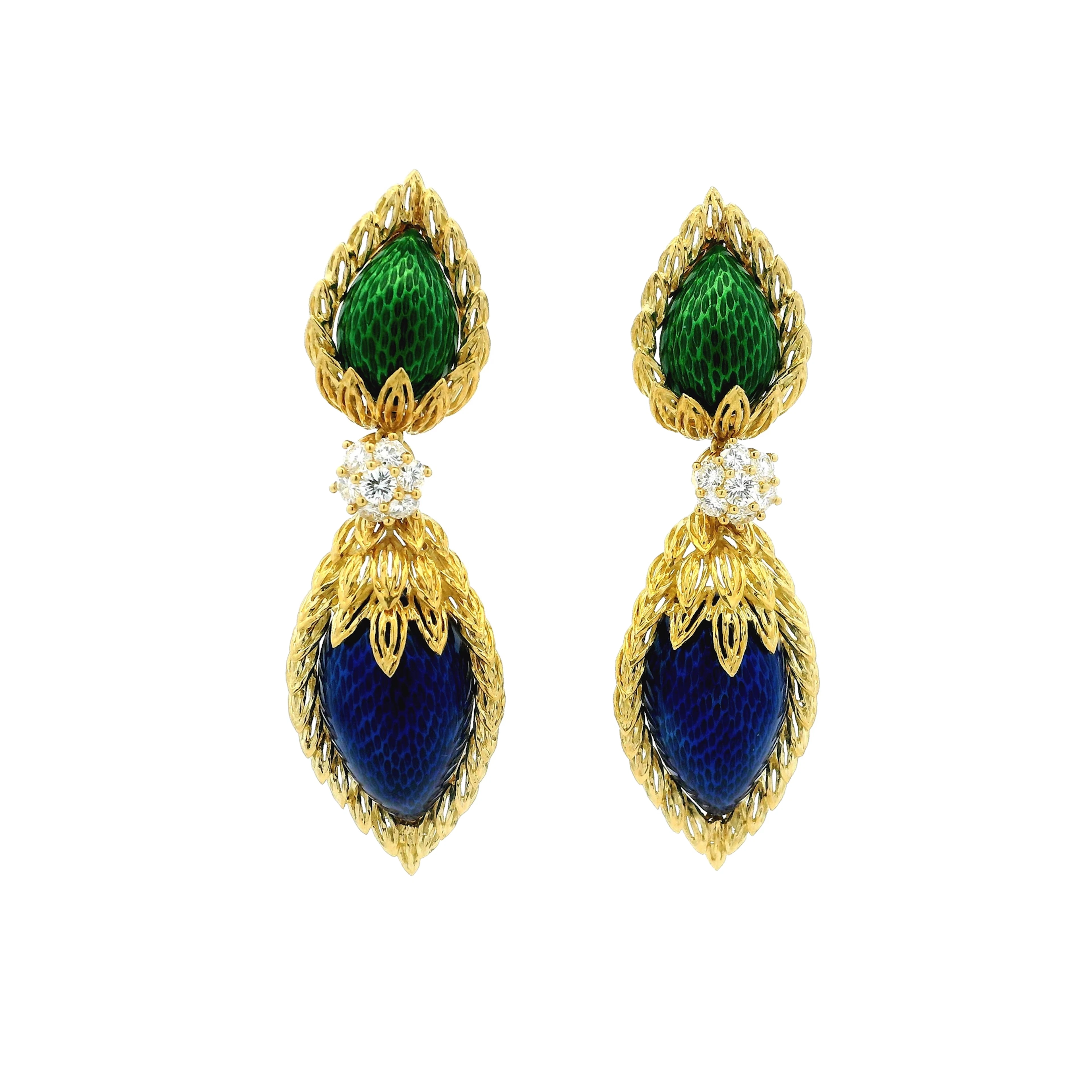 Vintage Gold, Enamel and Diamond Earclips