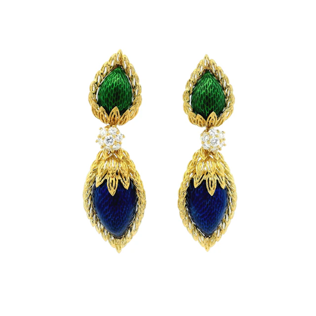 Vintage Gold, Enamel and Diamond Earclips