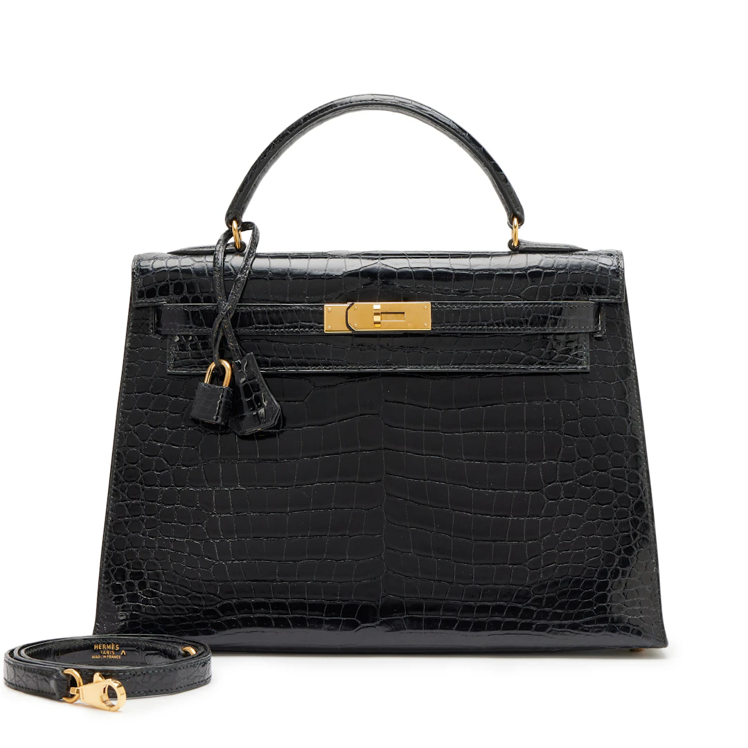 Vintage Black Shiny Porosus Crocodile Sellier Kelly 32 Gold Hardware, 1995