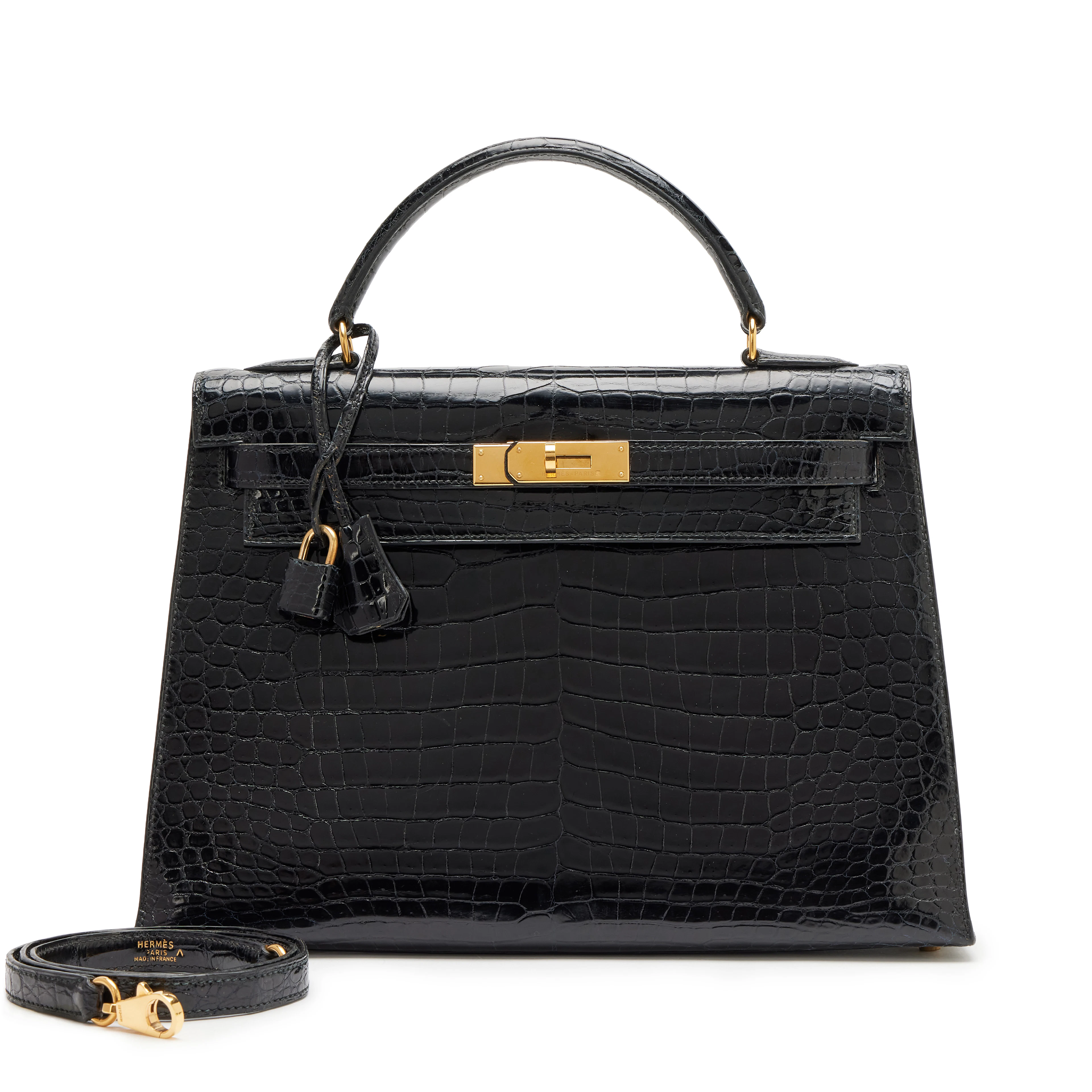 Vintage Black Shiny Porosus Crocodile Sellier Kelly 32 Gold Hardware, 1995