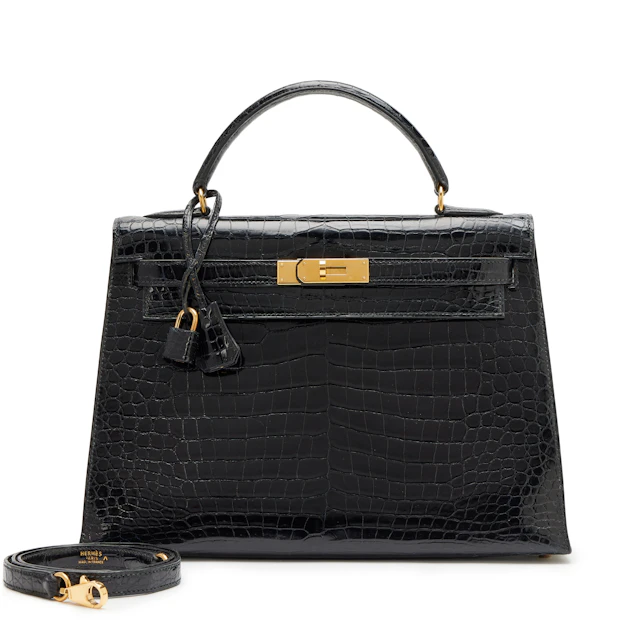 Vintage Black Shiny Porosus Crocodile Sellier Kelly 32 Gold Hardware, 1995