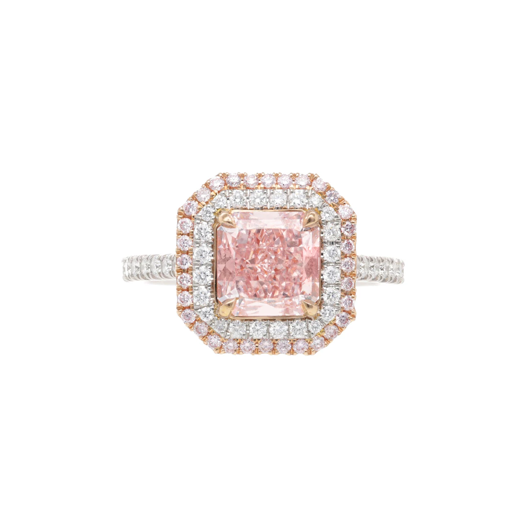 Platinum, Rose Gold, 2.06ct Radiant Cut Fancy Pink Diamond and Diamond Ring
