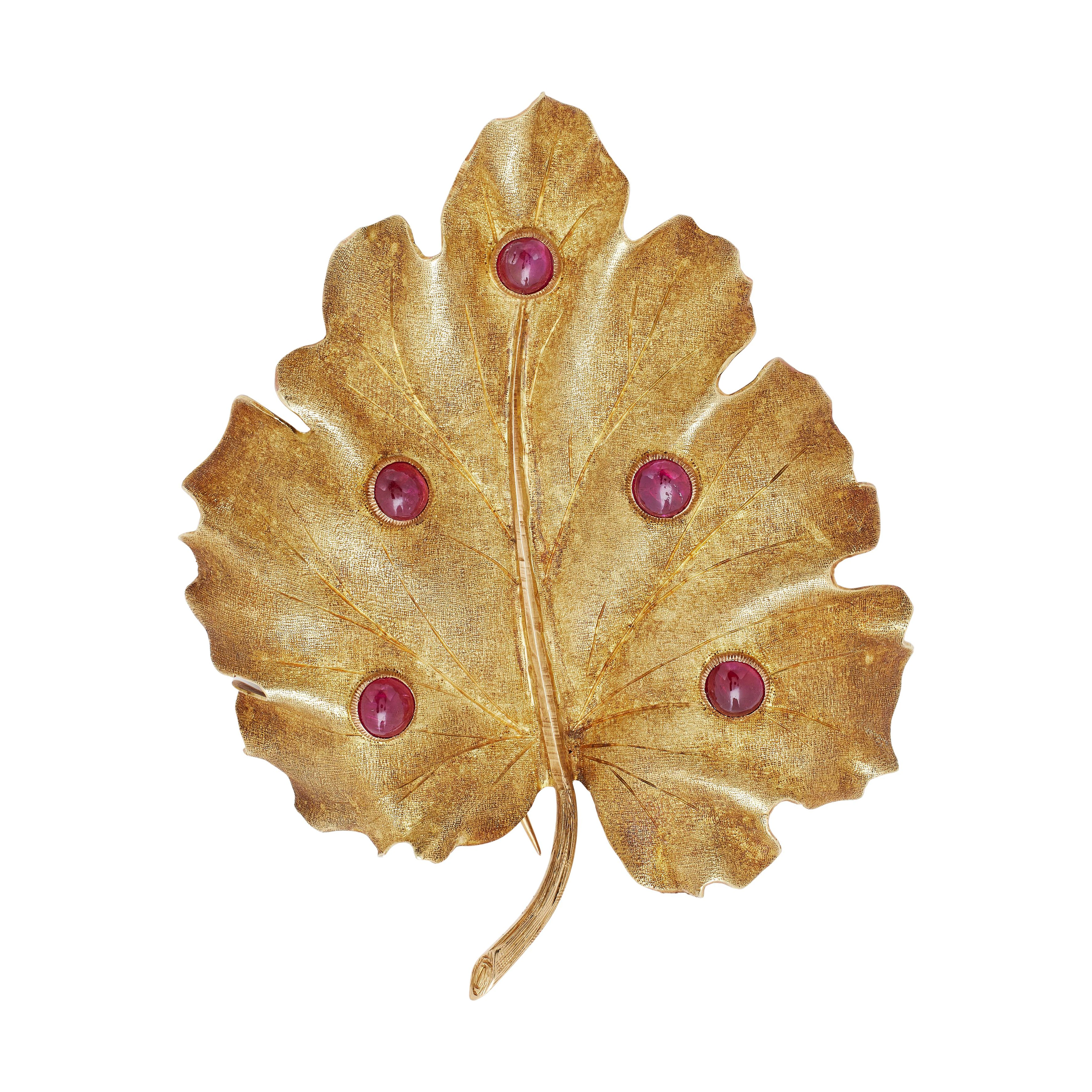 Vintage Gold and Ruby Leaf Brooch