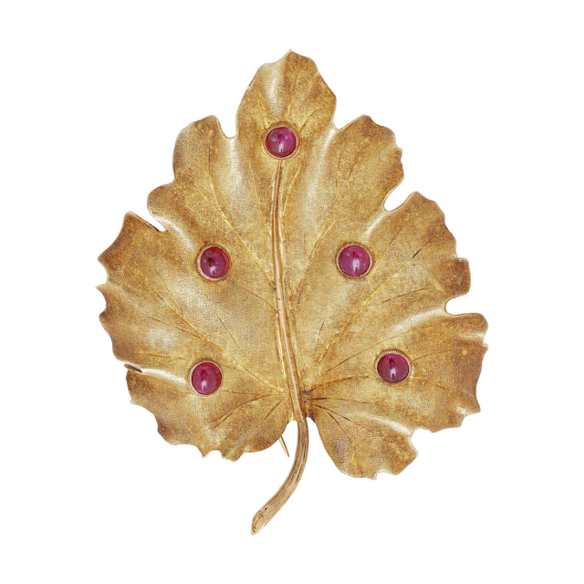 Vintage Gold and Ruby Leaf Brooch
