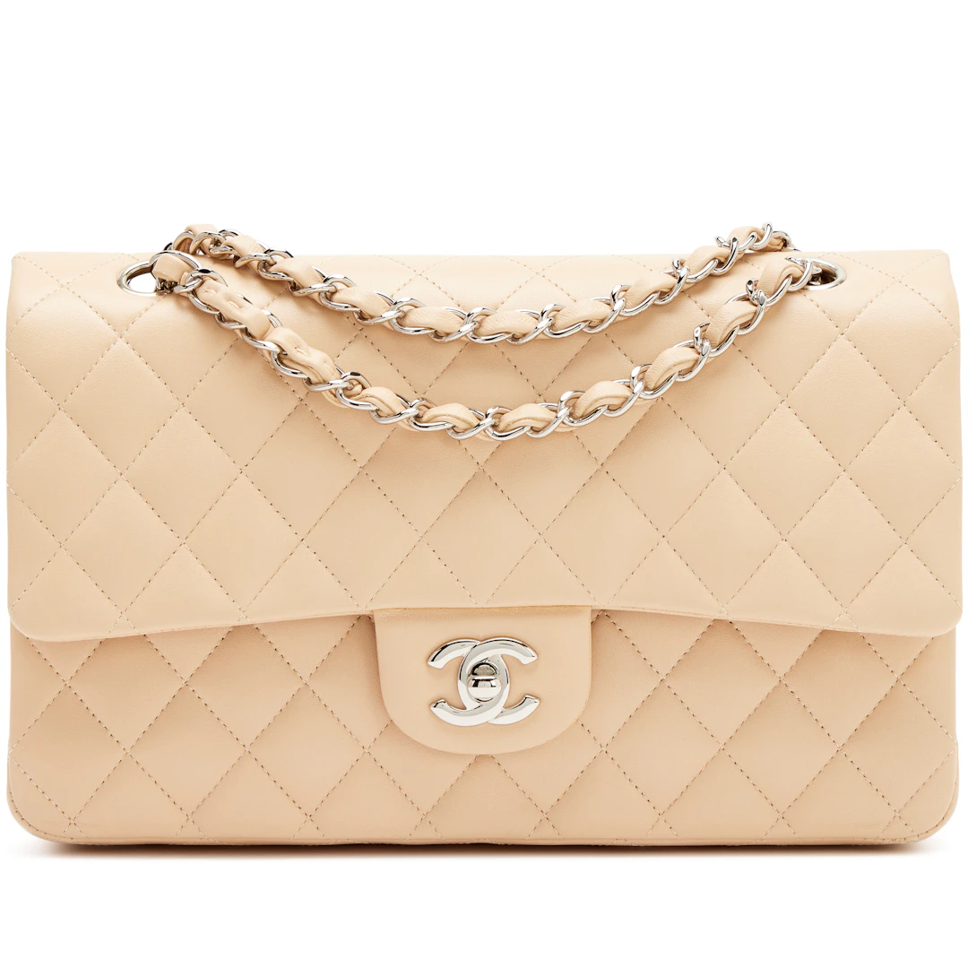 Beige Clair Quilted Lambskin Medium Classic Double Bag Flap Silver