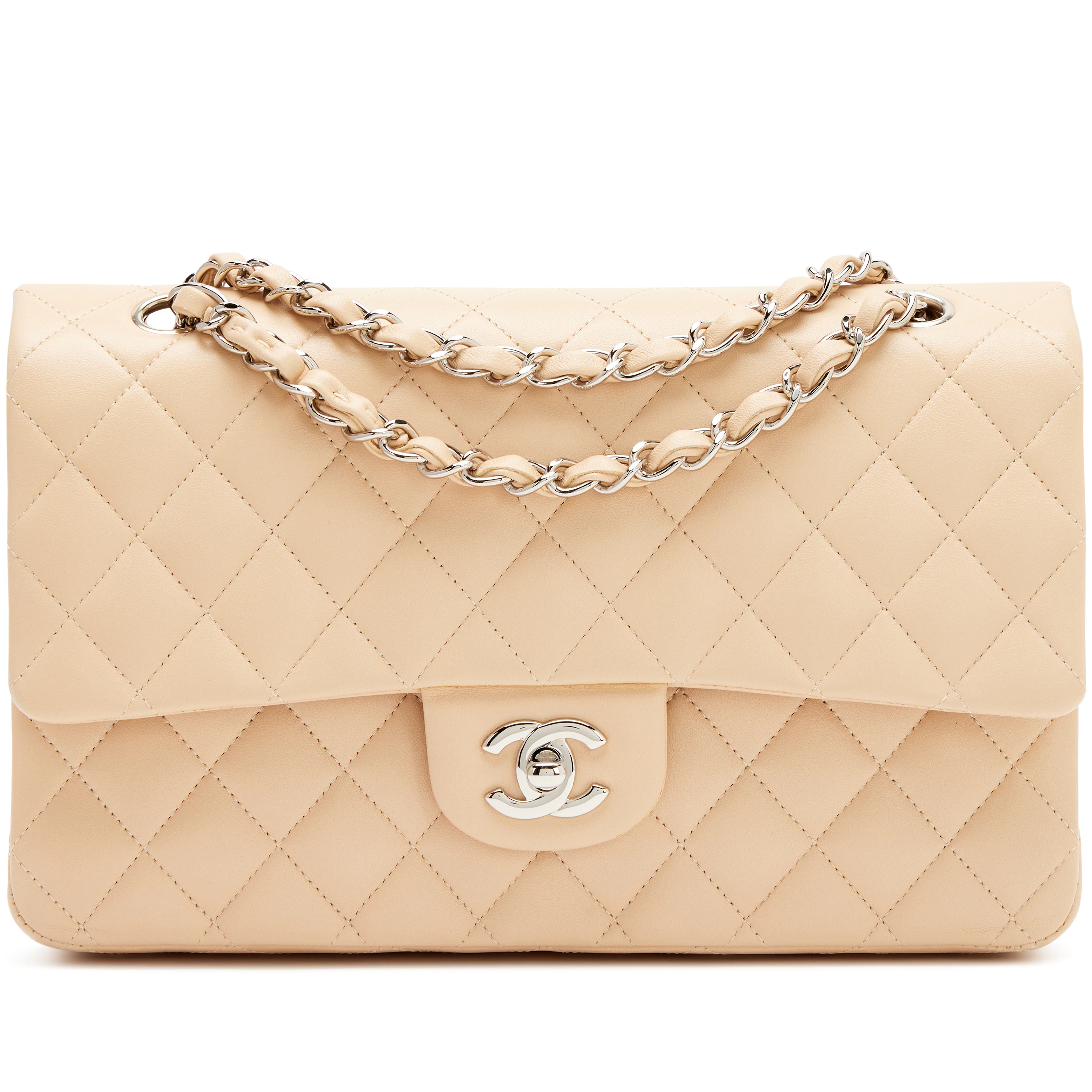 Beige Clair Quilted Lambskin Medium Classic Double Bag Flap Silver