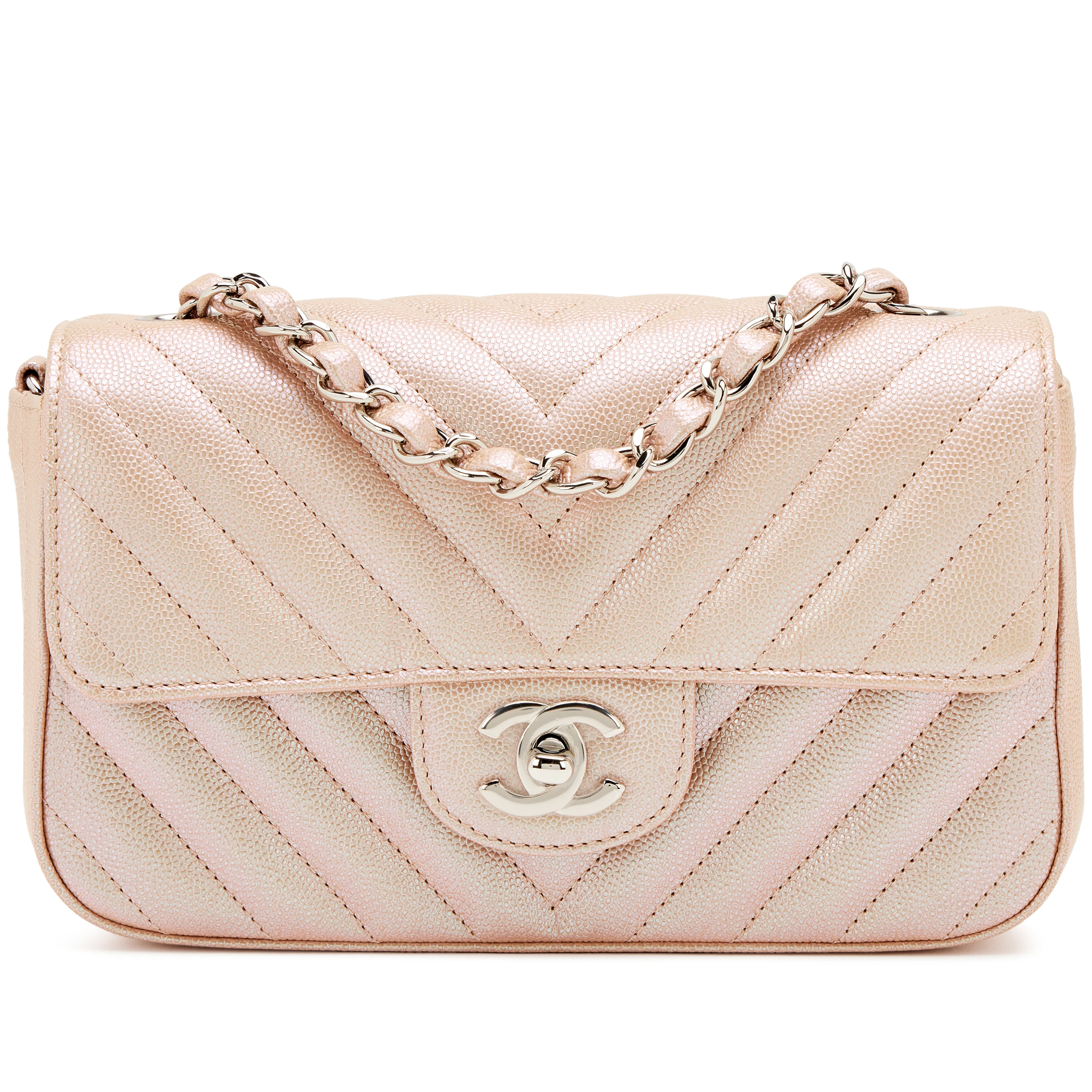 Iridescent Rose Gold Chevron Quilted Caviar Mini Flap Bag Silver Hardware, 2017