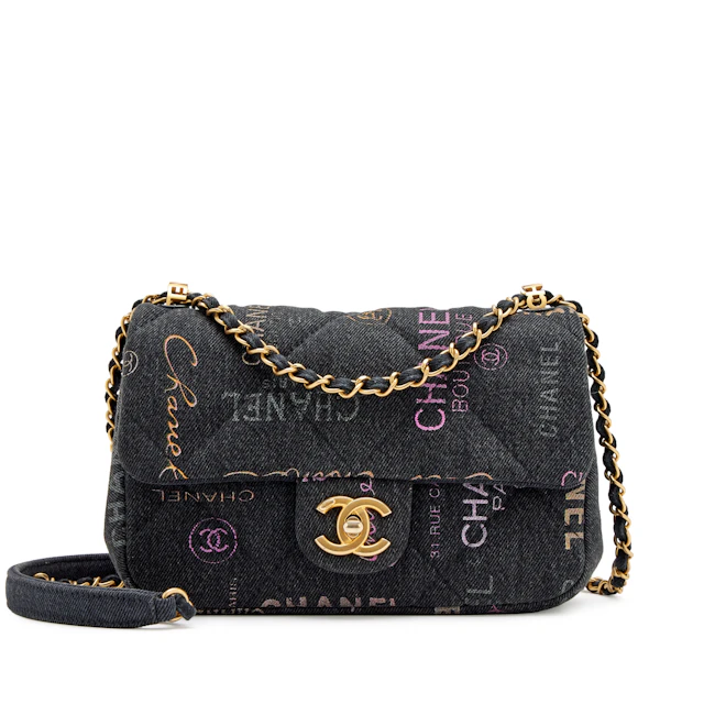 Black Logo Printed Quilted Denim Small Mood Flap Bag Aged Gold Hardware, 2022