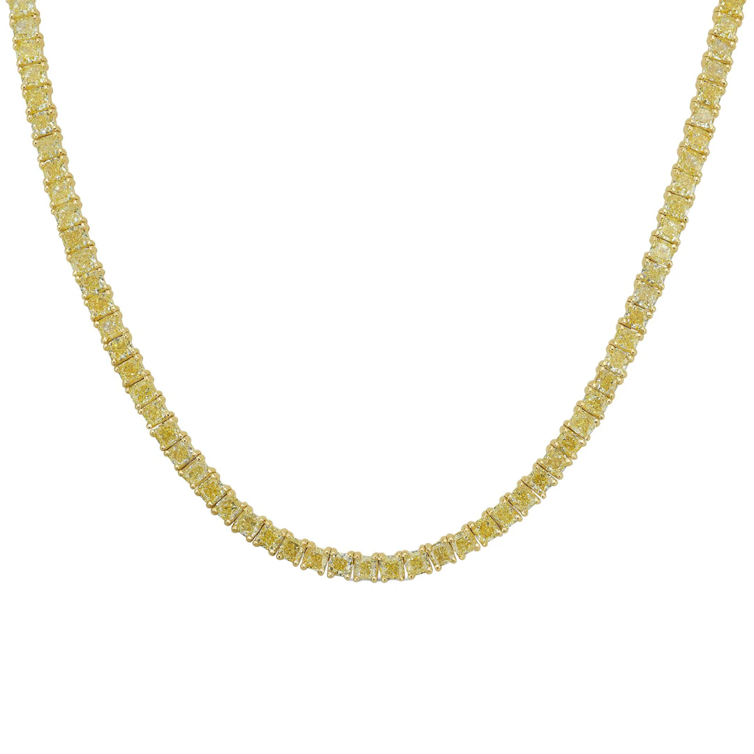 Gold and 16.80ctw Cushion Cut Yellow Diamond Tennis Necklace