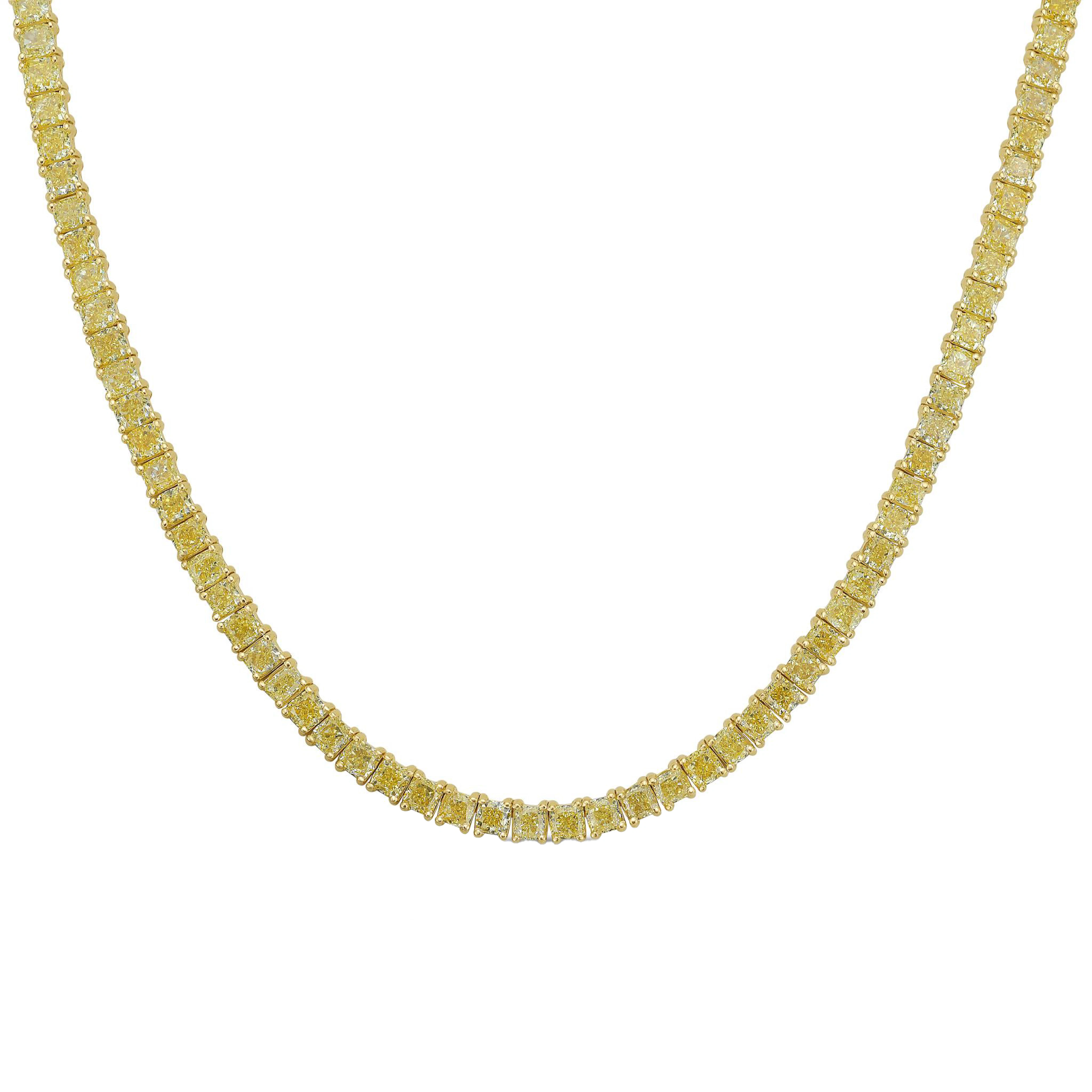 Gold and 16.80ctw Cushion Cut Yellow Diamond Tennis Necklace