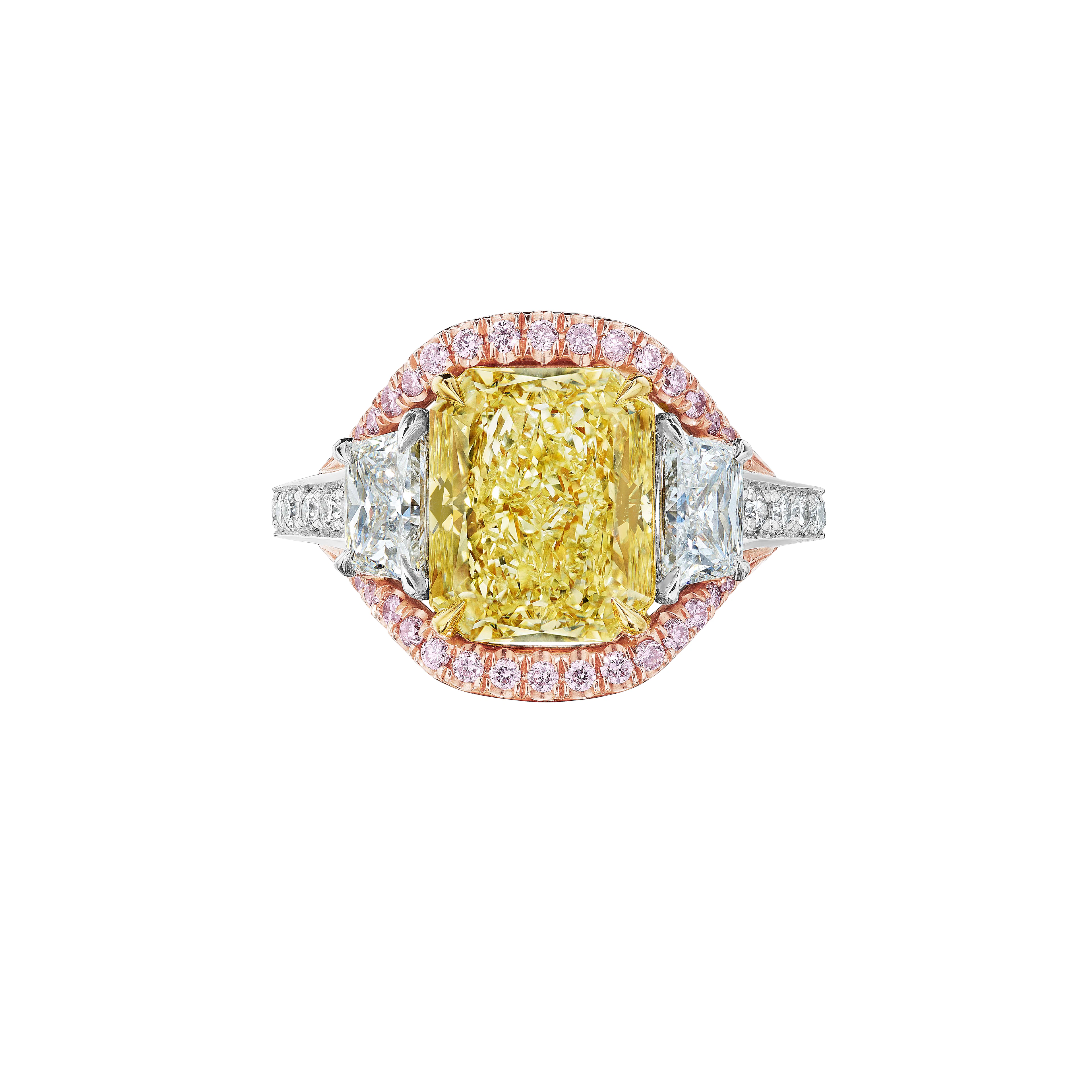 Platinum, Rose Gold, Gold, 3.77ct Radiant Cut Fancy Light Yellow Diamond