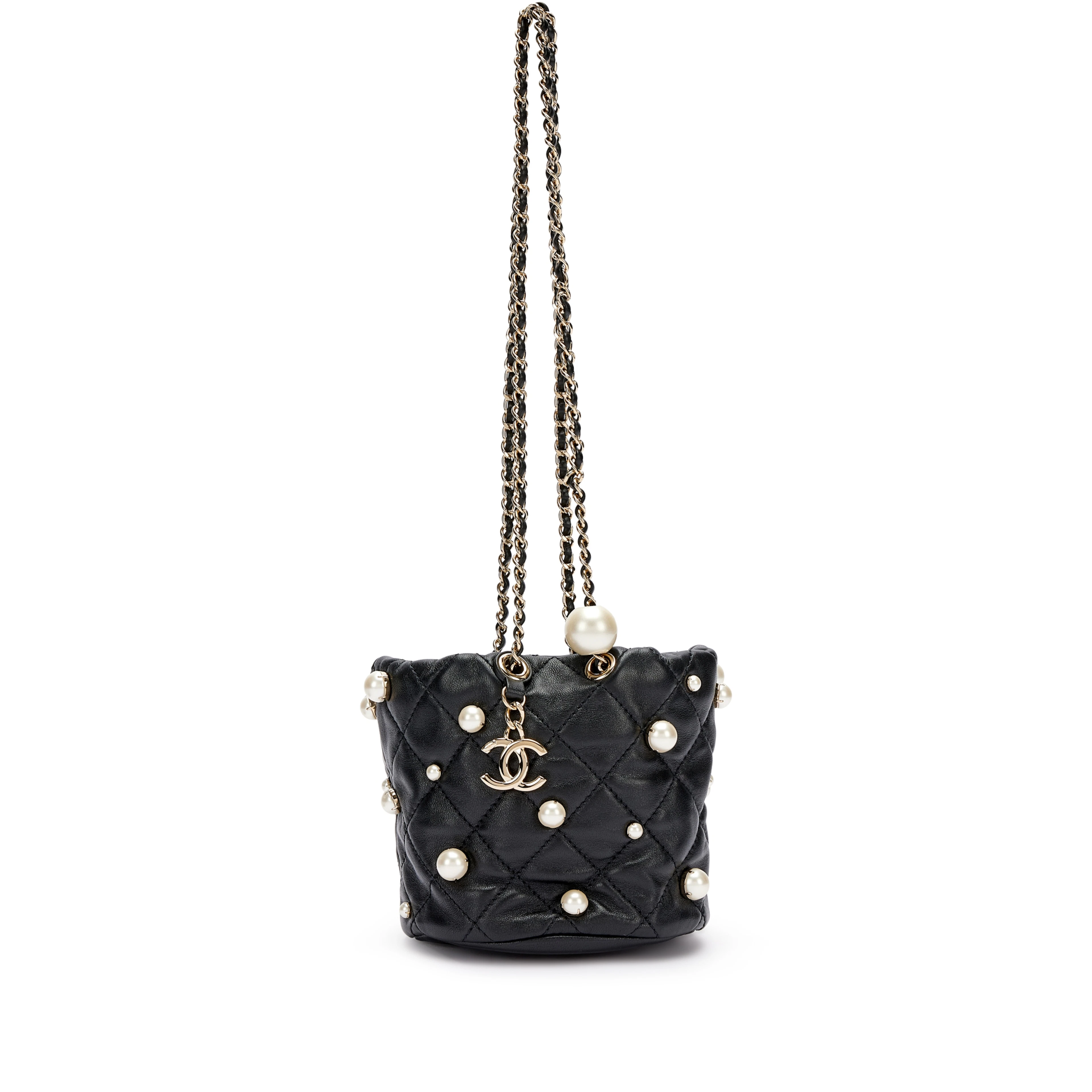 Black Quilted Lambskin Bucket Bag with Pearls Pale Gold Hardware, 2021