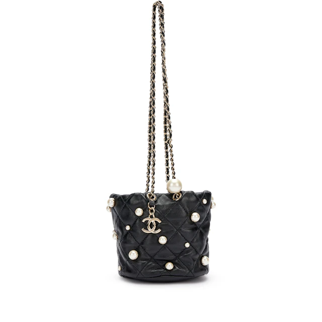 Black Quilted Lambskin Bucket Bag with Pearls Pale Gold Hardware, 2021