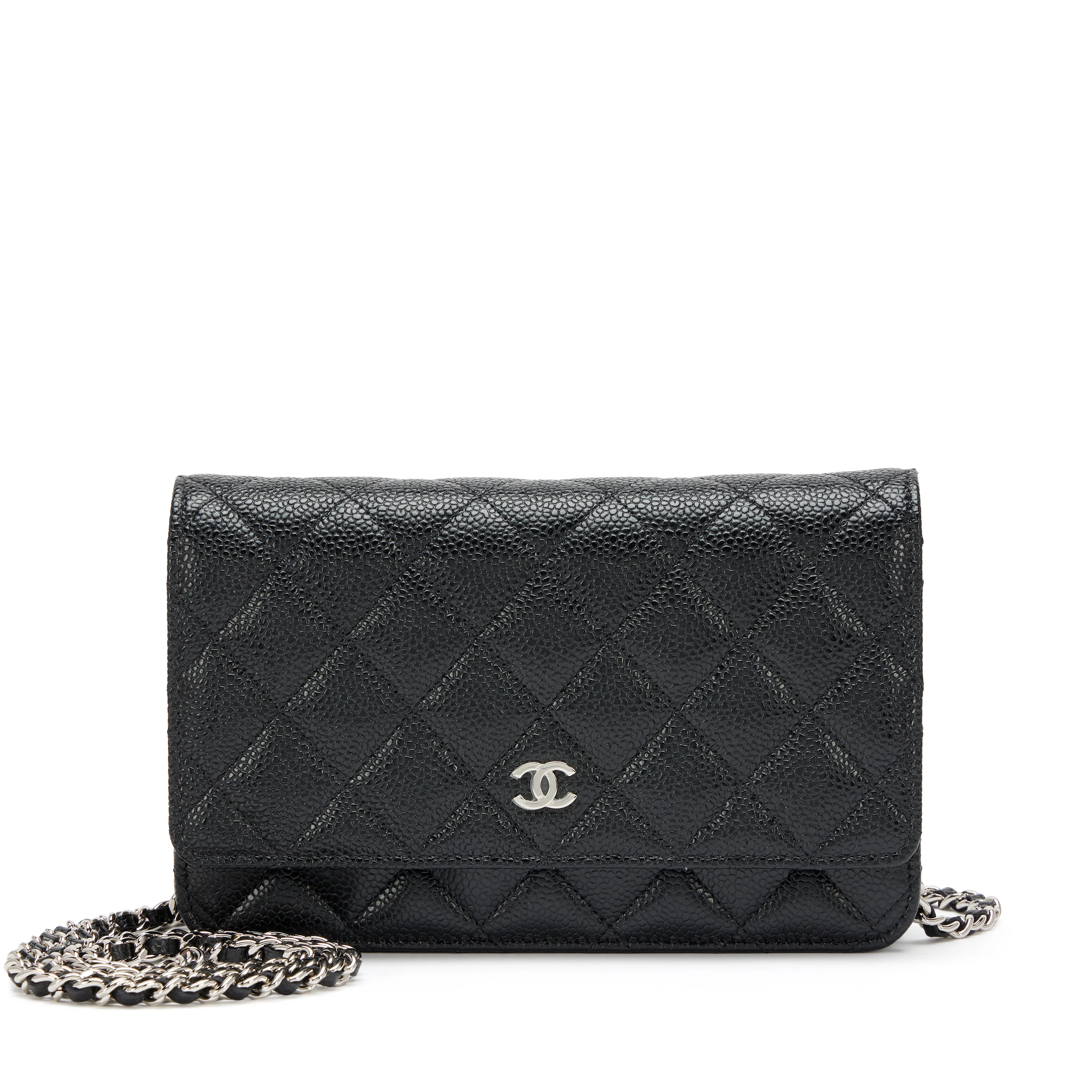 Black Quilted Caviar Classic Wallet On Chain WOC Silver Hardware, 2023