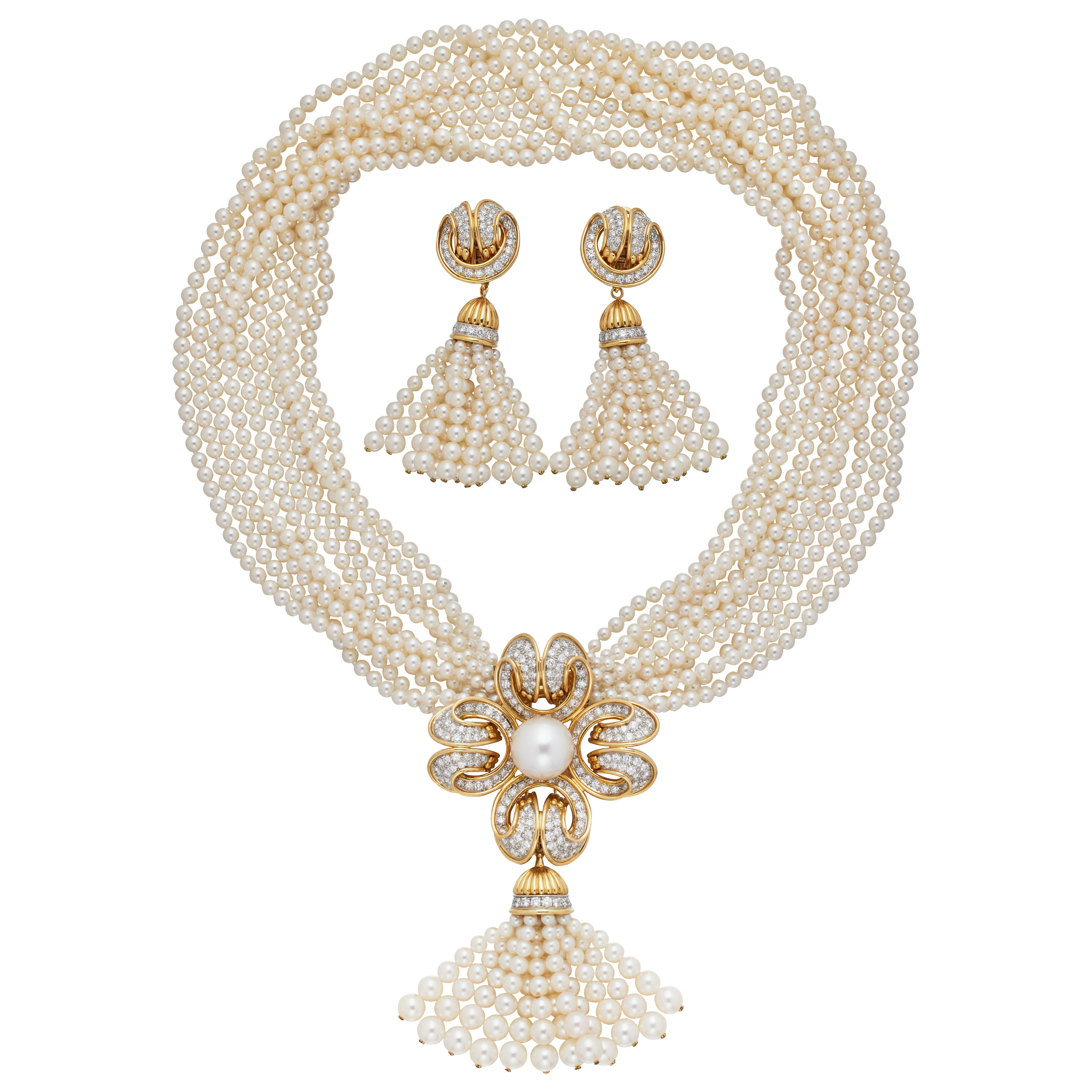 Vintage Gold, Platinum, Cultured Pearl and Diamond Convertible Earclips