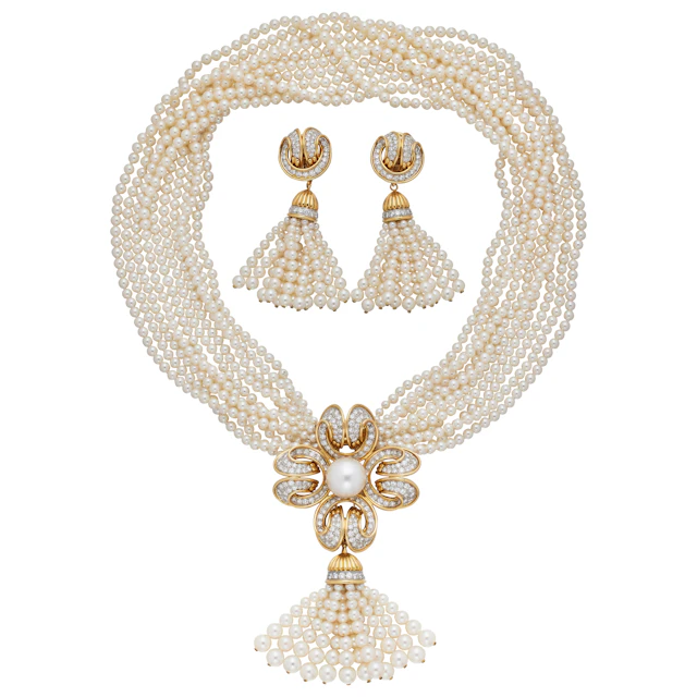 Vintage Gold, Platinum, Cultured Pearl and Diamond Convertible Earclips