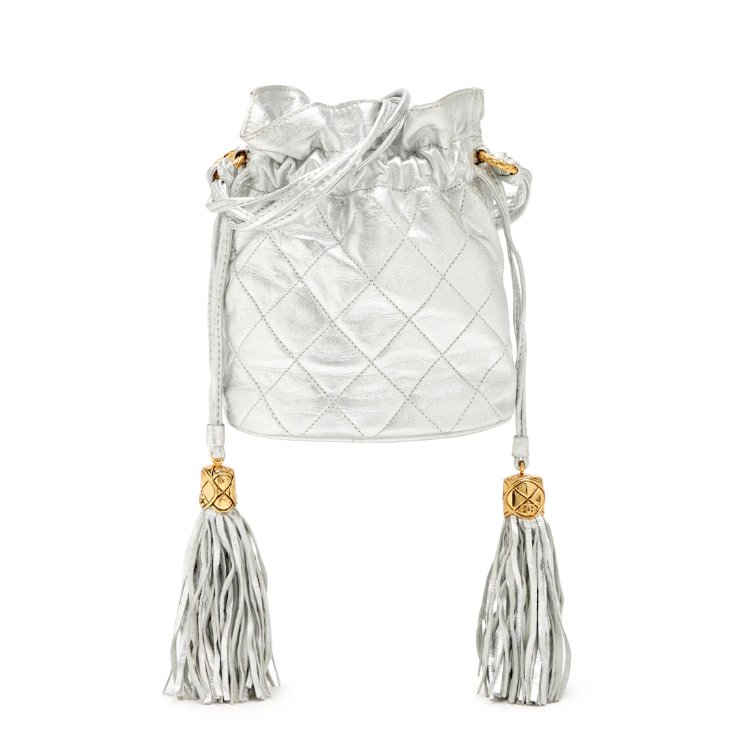 Silver Quilted Lambskin Drawstring Tassel Bag Gold Hardware, 1989-1991