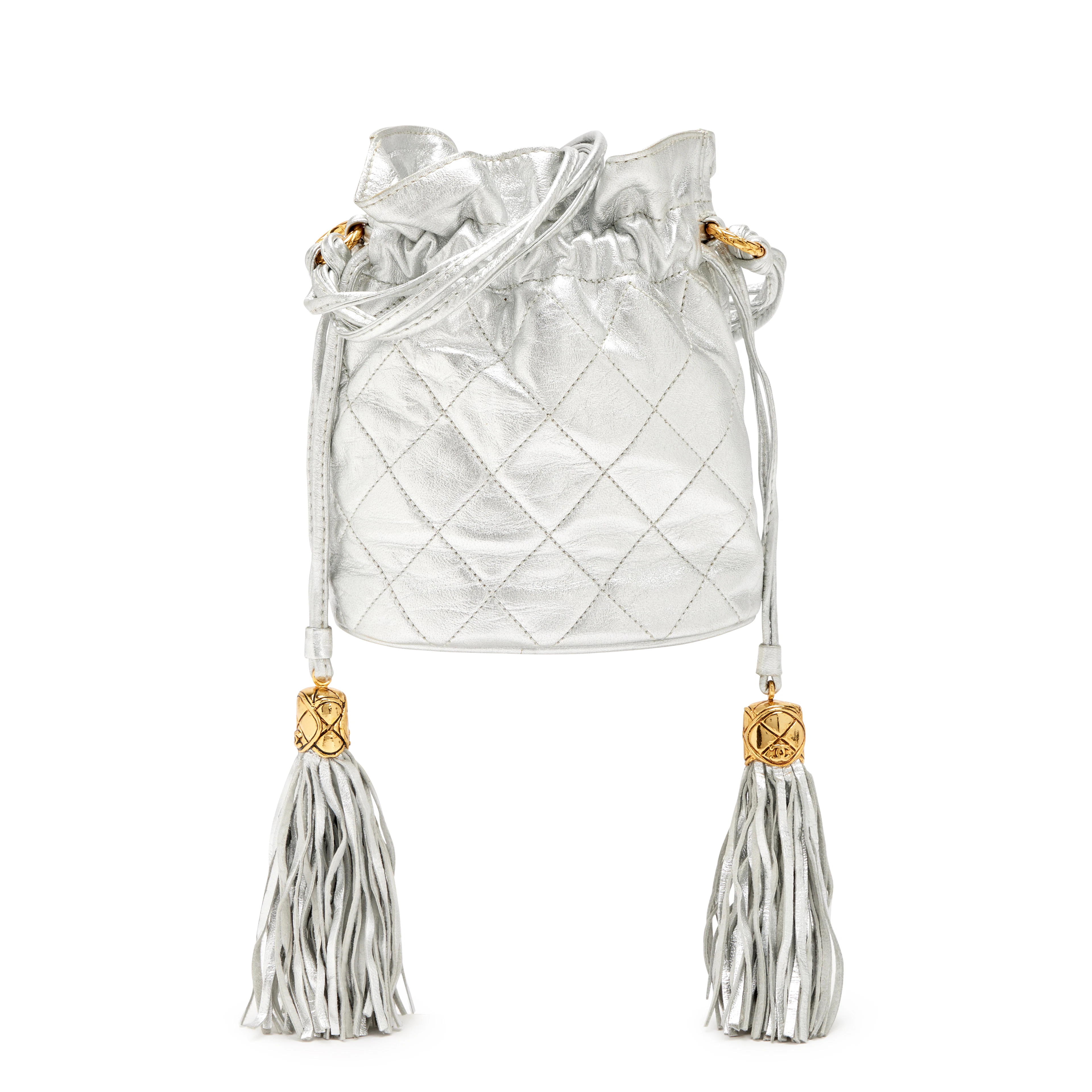 Silver Quilted Lambskin Drawstring Tassel Bag Gold Hardware, 1989-1991