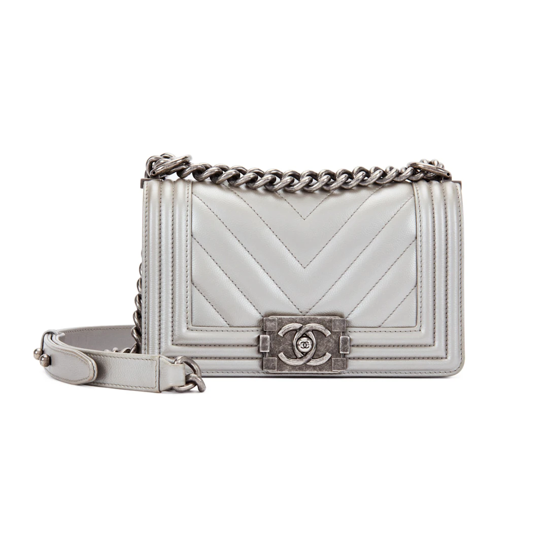 Metallic Silver Quilted Chevron Caviar Small Boy Bag Ruthenium Hardware, 2016