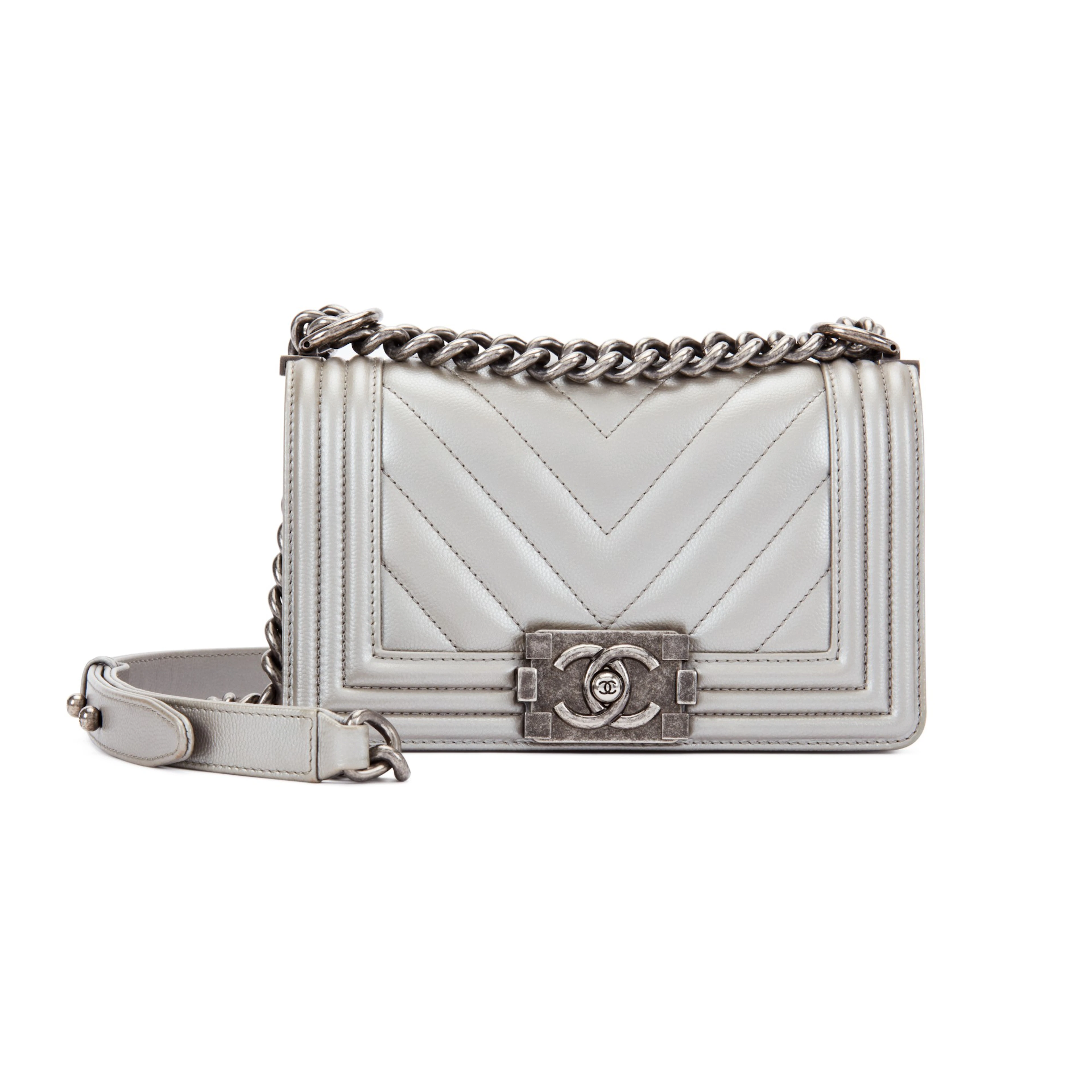 Metallic Silver Quilted Chevron Caviar Small Boy Bag Ruthenium Hardware, 2016